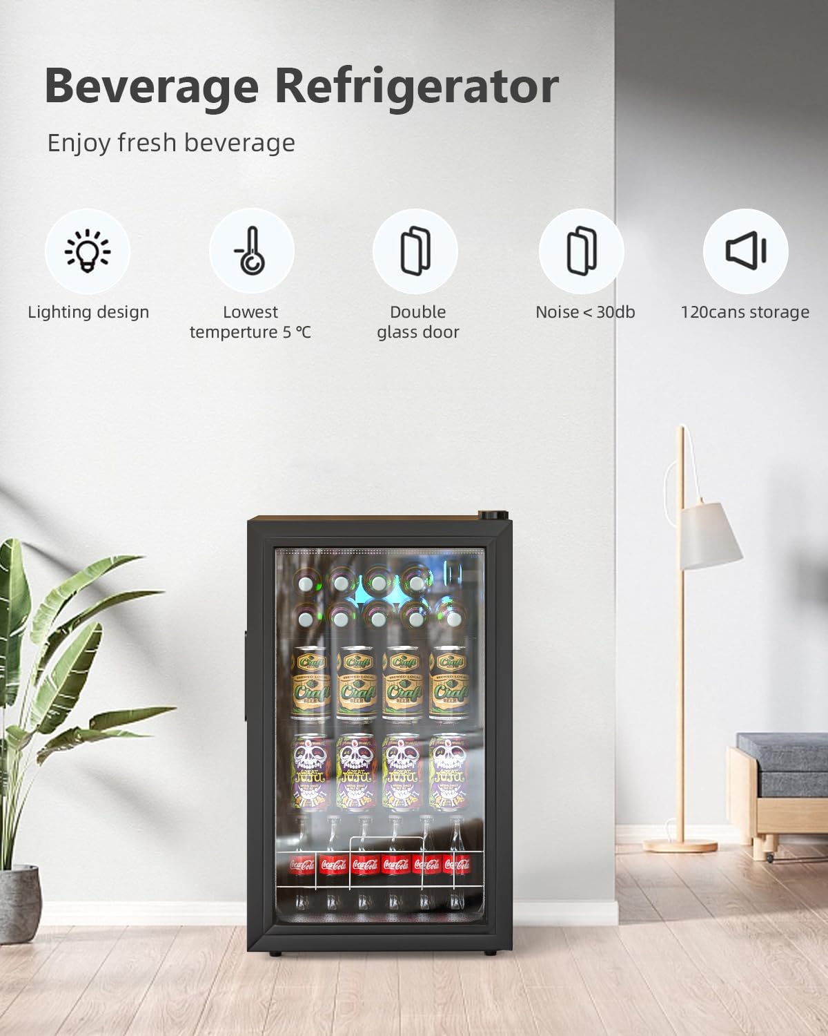 Geekman Beverage Refrigerator Cooler, 120 Cans Freestanding Beverage Fridge with Double-layer Glass Door， Mini Fridge Beverage with Adjustable Removable Shelving, Perfect for Beer, Wine, Soda and more