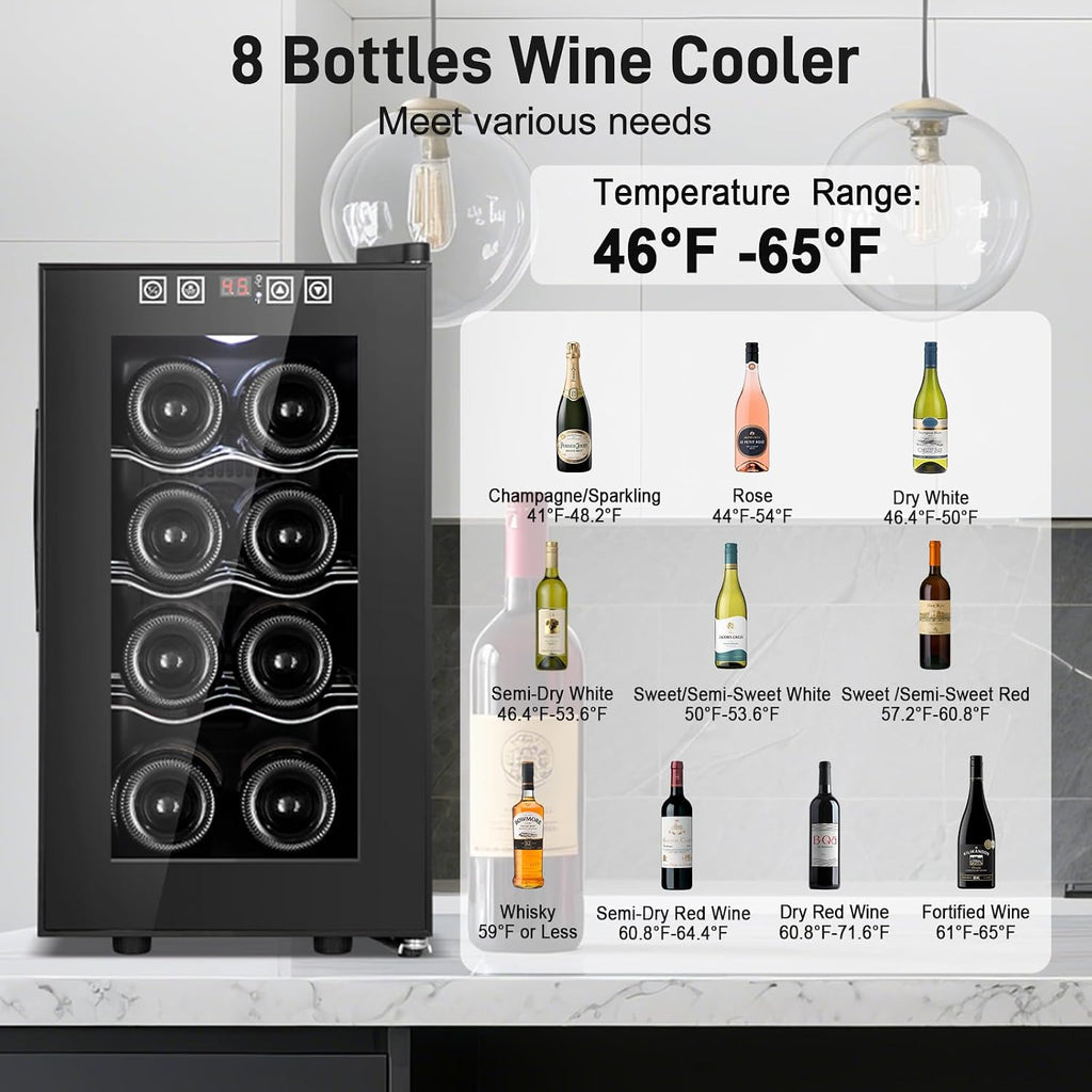 Tylza 8 Bottles Wine Fridge, Wine Cellar with Low-E Tempered Glass Door, LED Touchscreen, Lock, Frost Free, No Vibration, Wine Cooler Refrigerator for Red, White, Champagne or Sparkling Wine, Black