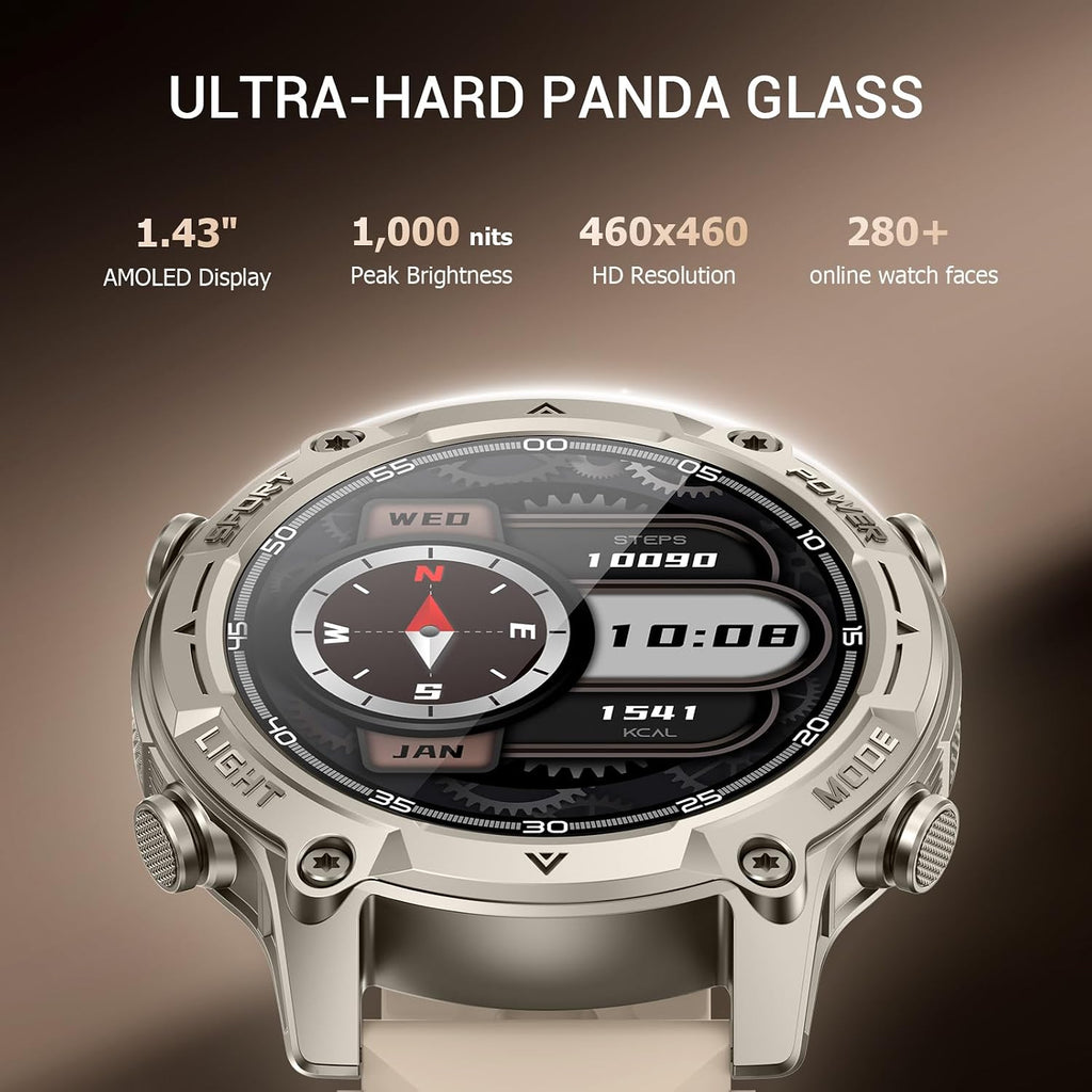 Smart Watch for Men, with GPS, Offline Maps, Heart Rate, Blood Oxygen, Stress, Sleep Monitor, 178 Sports Modes, 5ATM Waterproof Round Watch, 1.43-inch AMOLED Display, Compatible Android and iOS Khaki