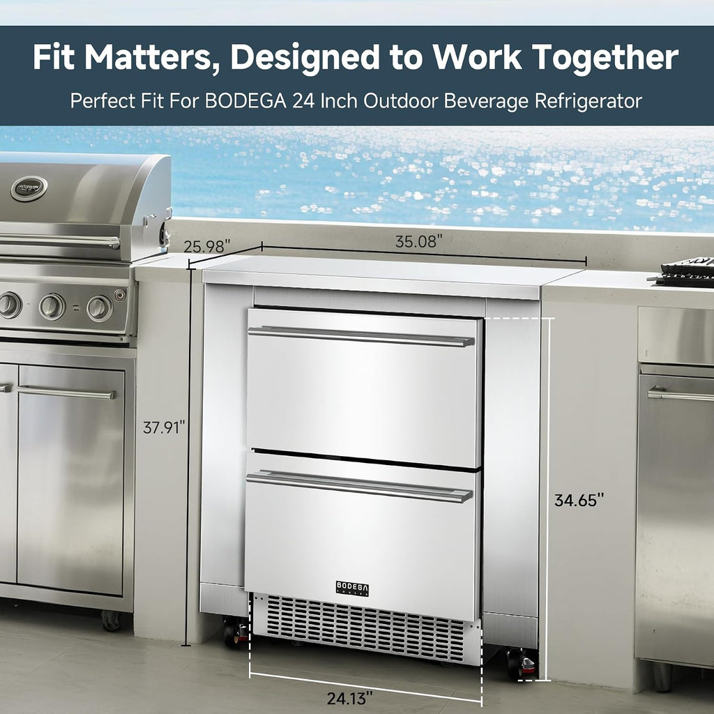 BODEGA Stainless Steel Outdoor Kitchen Cabinet for Beverage Fridge, Under Counter Beverage Refrigerator Cabinet Module is Designed to 24-inch Indoor/Outdoor Under-Counter Refrigerator.
