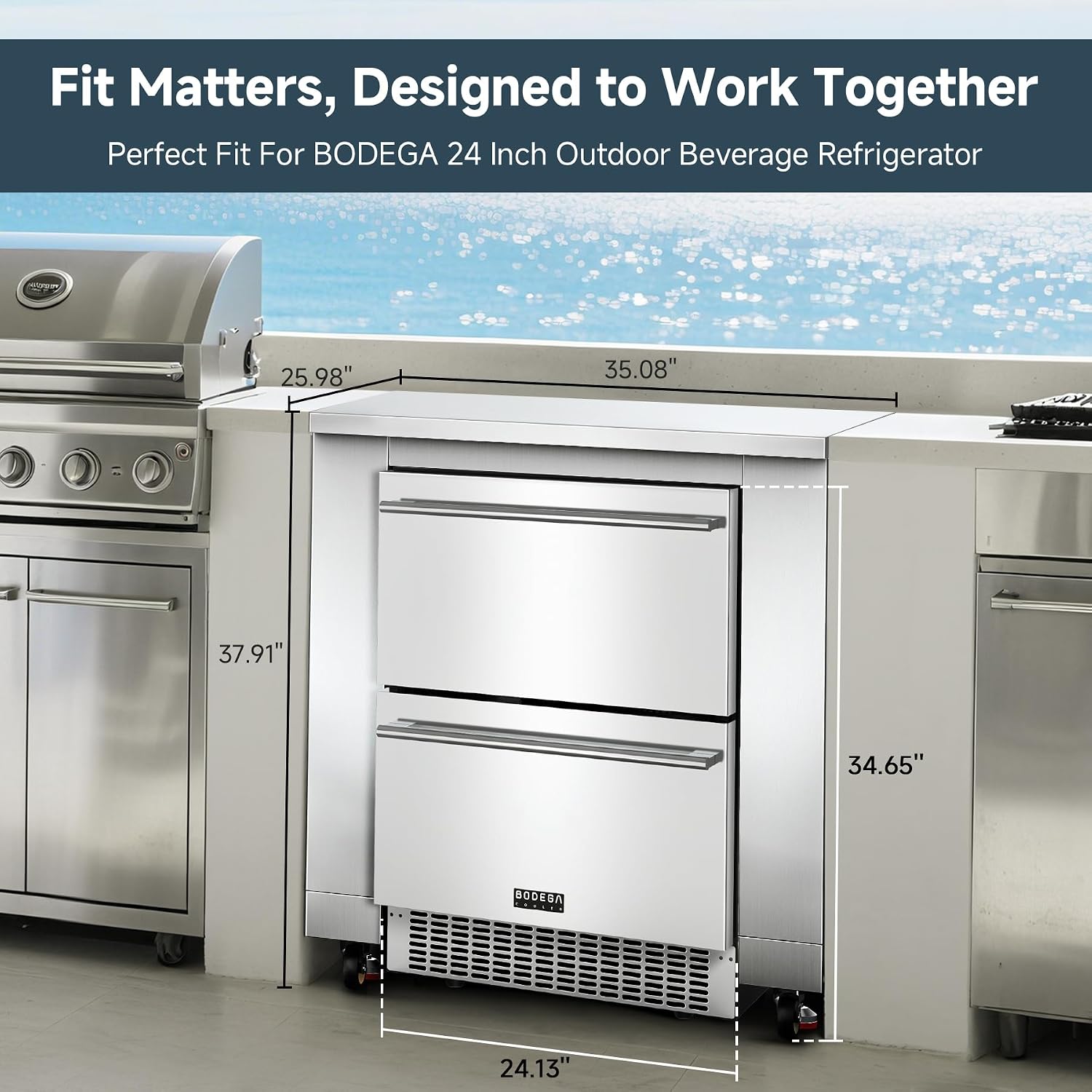 BODEGA Stainless Steel Outdoor Kitchen Cabinet for Beverage Fridge, Under Counter Beverage Refrigerator Cabinet Module is Designed to 24-inch Indoor/Outdoor Under-Counter Refrigerator.