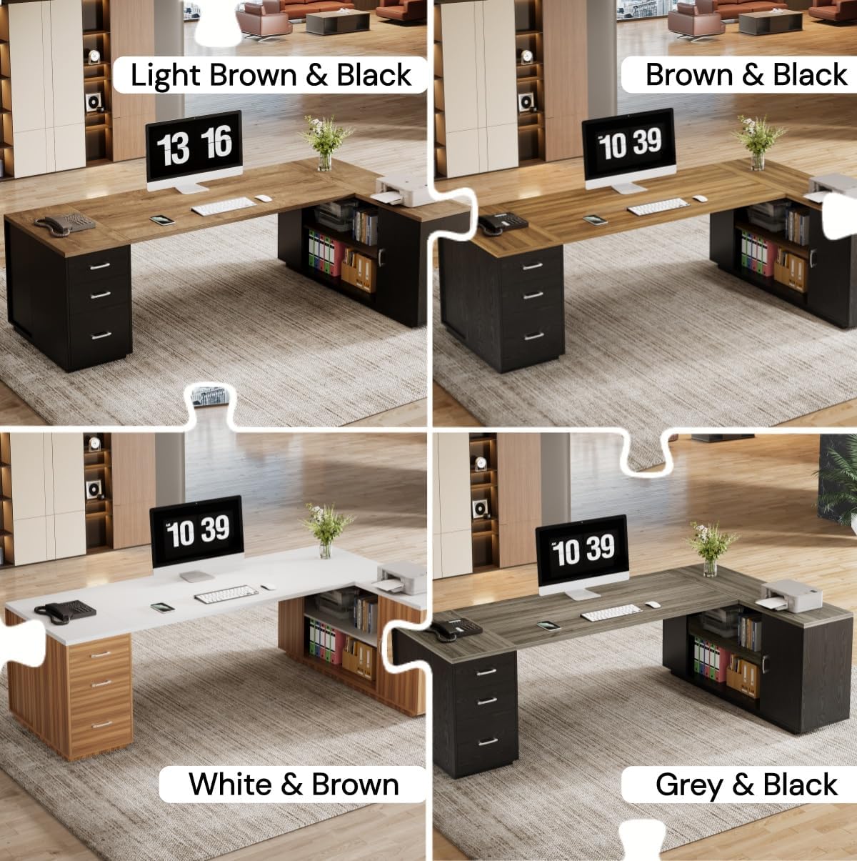 Tribesigns 85.8-Inch L-Shaped Executive Desk with File Drawers, Door Cabinet & Shelves, Extra Large Commercial Office Desk, Modern Professional Office Table, Business Furniture, Natural & Black
