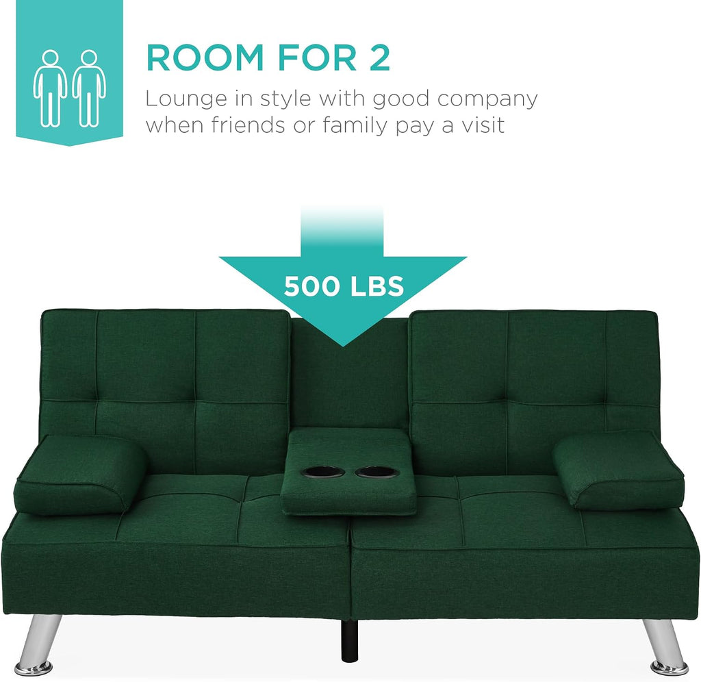 Best Choice Products Linen Modern Folding Futon, Reclining Sofa Bed for Apartment, Dorm w/Removable Armrests, 2 Cupholders - Dark Green