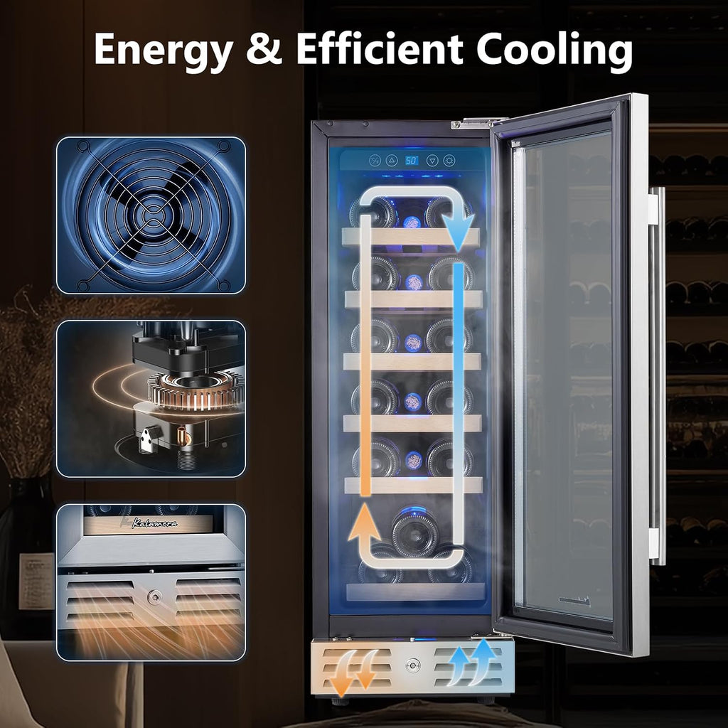 Kalamera Wine Fridge 18 Bottle - 12 inch Mini Cooler Refrigerator, Built-in or Freestanding, with Stainless Steel & Double-Layer Tempered Glass Door, and Temperature Memory Function