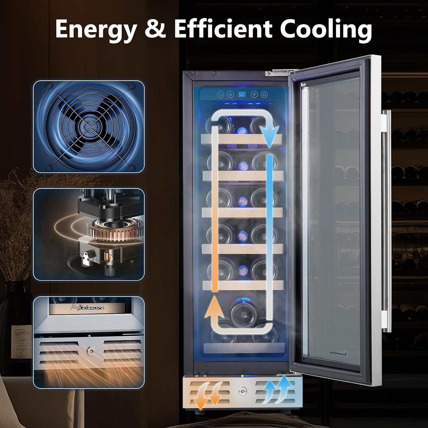 Kalamera Wine Fridge 18 Bottle - 12 inch Mini Cooler Refrigerator, Built-in or Freestanding, with Stainless Steel & Double-Layer Tempered Glass Door, and Temperature Memory Function
