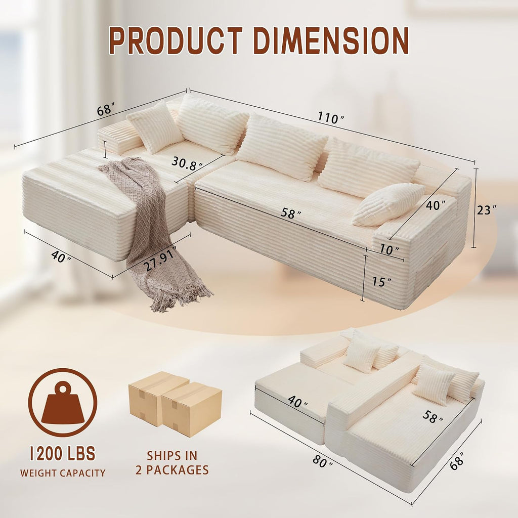 Korser 110' L-Shaped Modular Sectional Sofa with Chaise, Boneless Comfy Corduroy Fluffy Couch with Deep Seat and Side Pockets, Flexible Module Combination for Living Room, No Assembly, Side Pockets