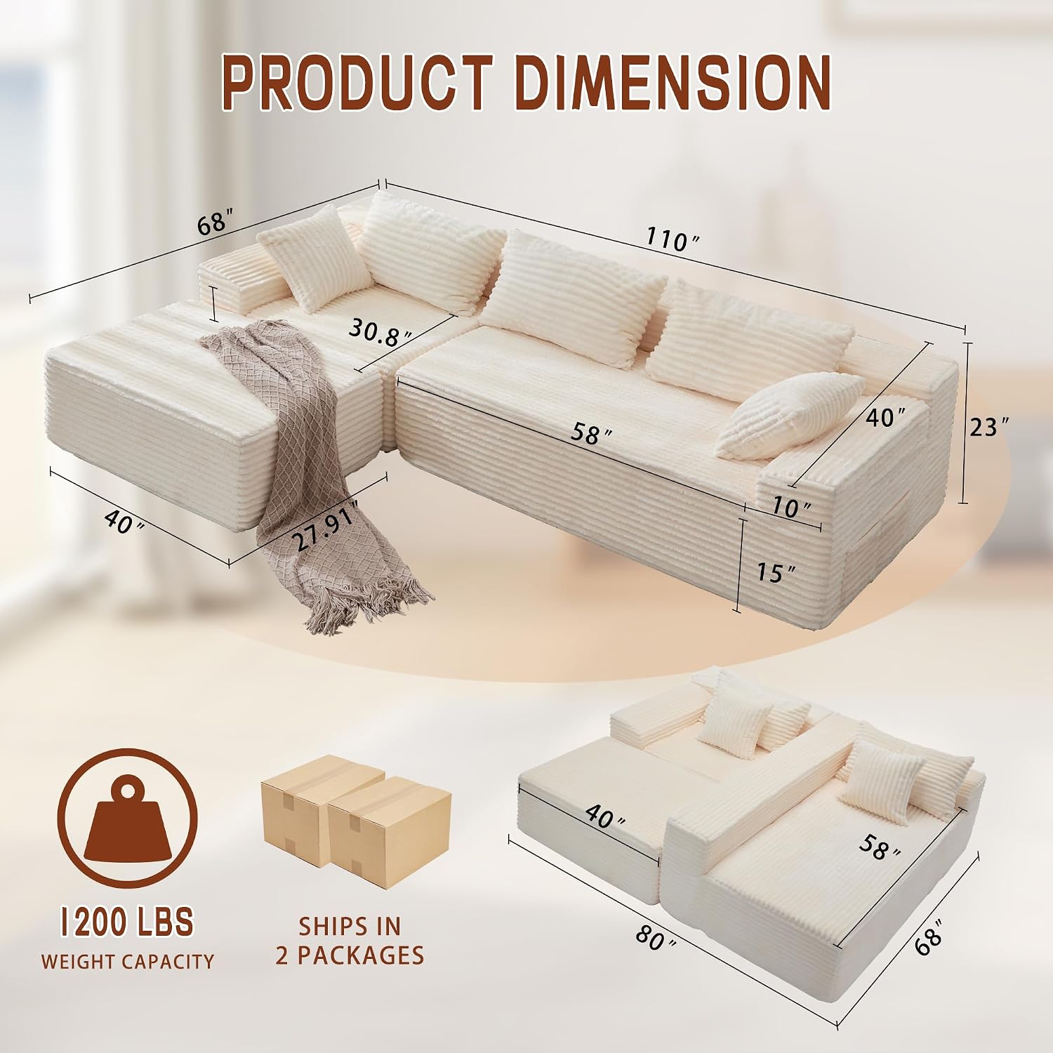 Korser 110' L-Shaped Modular Sectional Sofa with Chaise, Boneless Comfy Corduroy Fluffy Couch with Deep Seat and Side Pockets, Flexible Module Combination for Living Room, No Assembly, Side Pockets