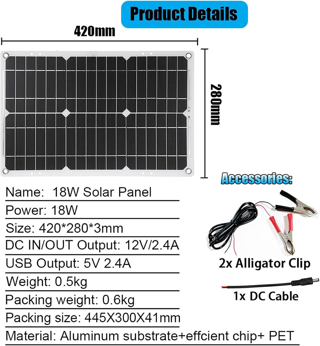 Solar Panel Inverter Kit with Dual USB, 18W Monocrystalline Solar Panel, 3000W Power Inverter DC12V to AC110V/220V, 30A PWM Charge Controller – Portable Solar Power System for Camping and Travel(Black