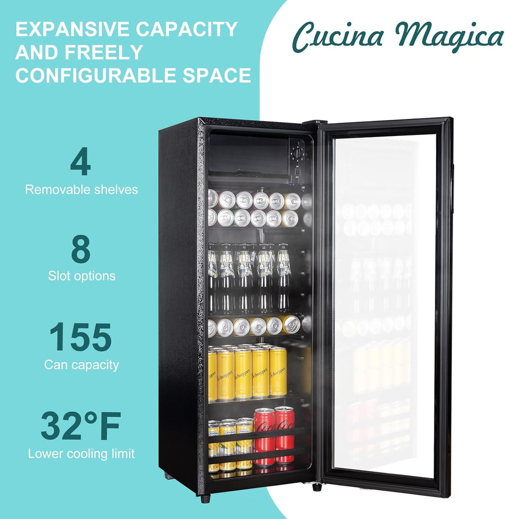 Cucina Magica 4.8 Cu.Ft Beverage Refrigerator, 155 Can Mini Fridge with Freeze with Glass Door, Adjustable Shelves, Drink Fridge, Suitable for Soda, Beer, Essential for Home/Bar