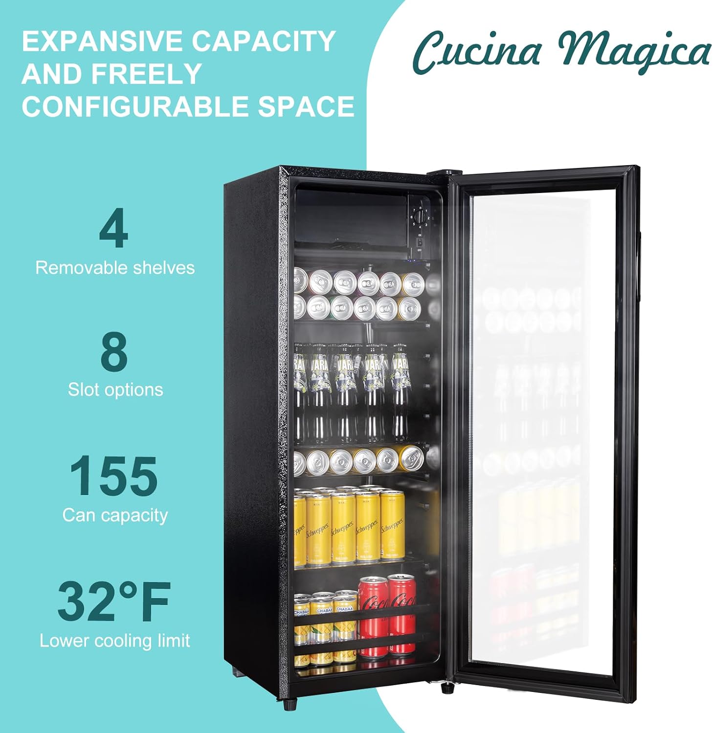 Cucina Magica 4.8 Cu.Ft Beverage Refrigerator, 155 Can Mini Fridge with Freeze with Glass Door, Adjustable Shelves, Drink Fridge, Suitable for Soda, Beer, Essential for Home/Bar