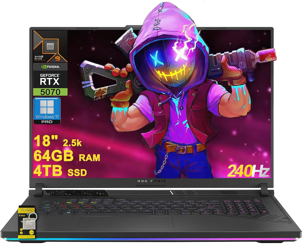 ASUS ROG Strix G18 G814 Gaming Laptop 18' 2.5k (2560x1600) 240Hz (100% DCI-P3) AMD 16-core Ryzen 9 9955HX (>i9-14900HX) 64GB DDR5 4TB SSD GeForce RTX 5070 4-Zone RGB Backlit Wi-Fi6E Win11Pro ICP Hub