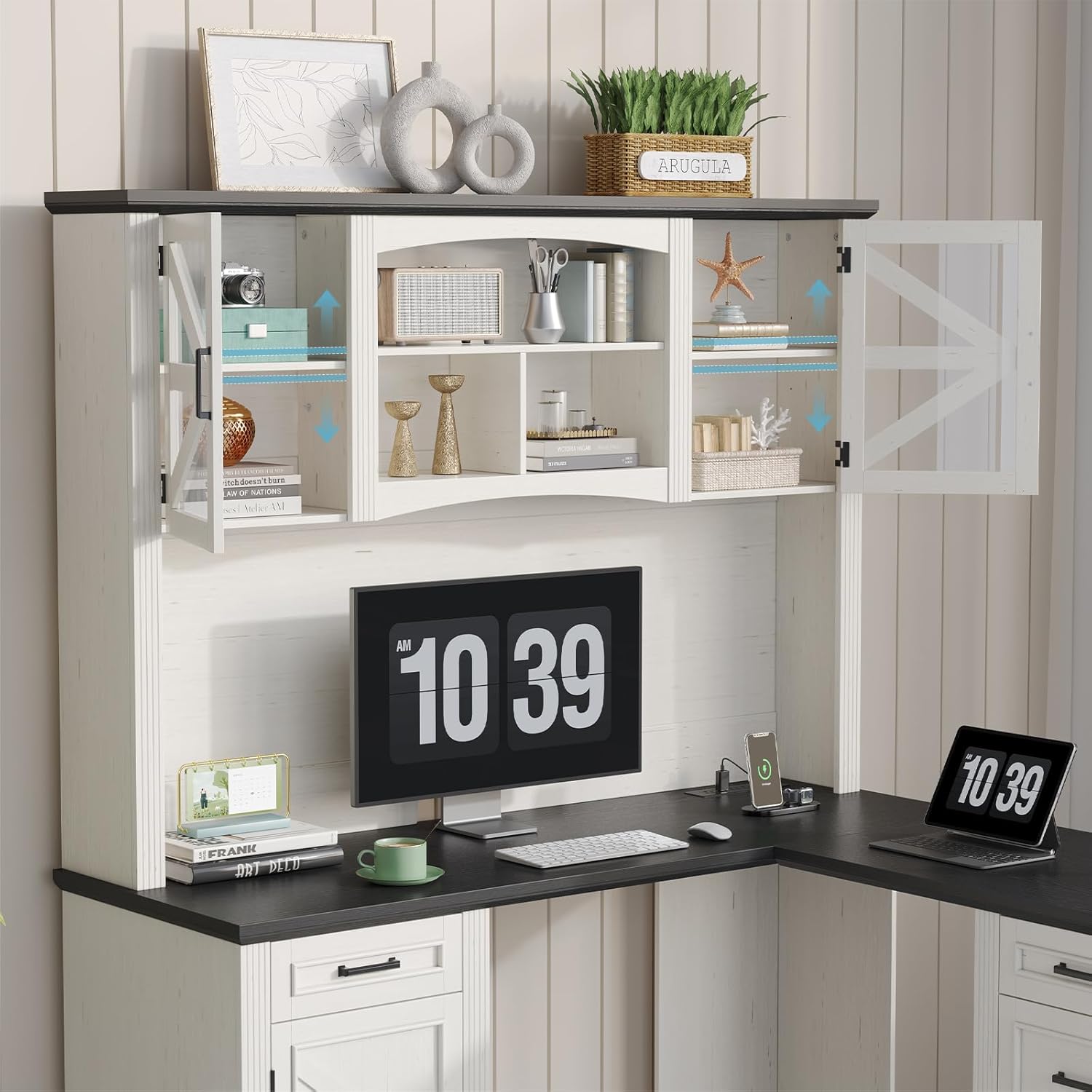 ONBRILL 72' L-Shaped Executive Desk with Hutch, Farmhouse L-Shaped Computer Desk with 4 Drawers, File Drawer and Power Outlet, Home Office Computer Desk for Living Room,Study Room (Off White& Black)