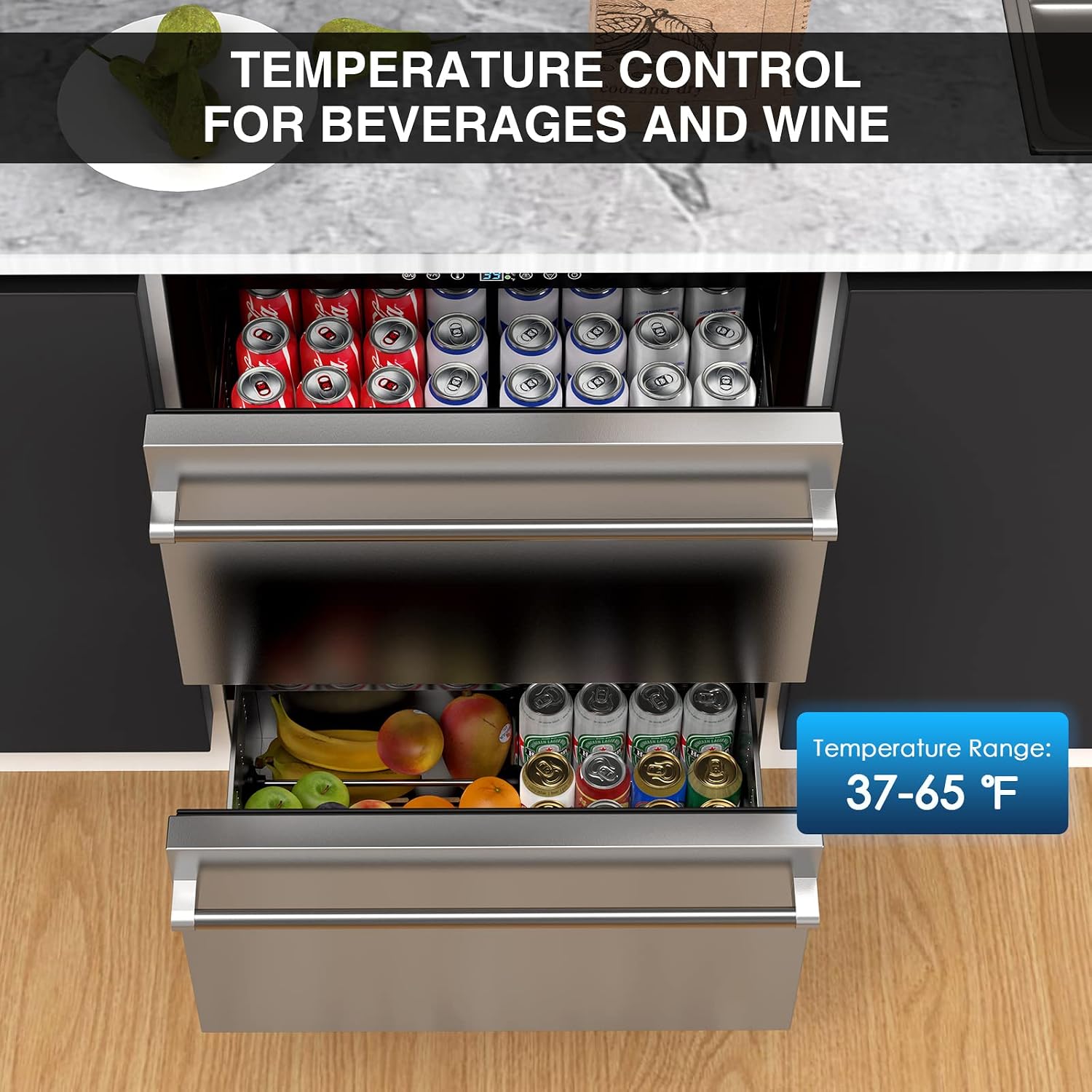Mojgar 24 Inch Under Counter Drawer Fridge, Beverage Refrigerator with Double Drawer Storage, Built-in Beverage Refrigerator for Home & Commercial Use, Outdoor Fridge for Patio, Stainless Steel