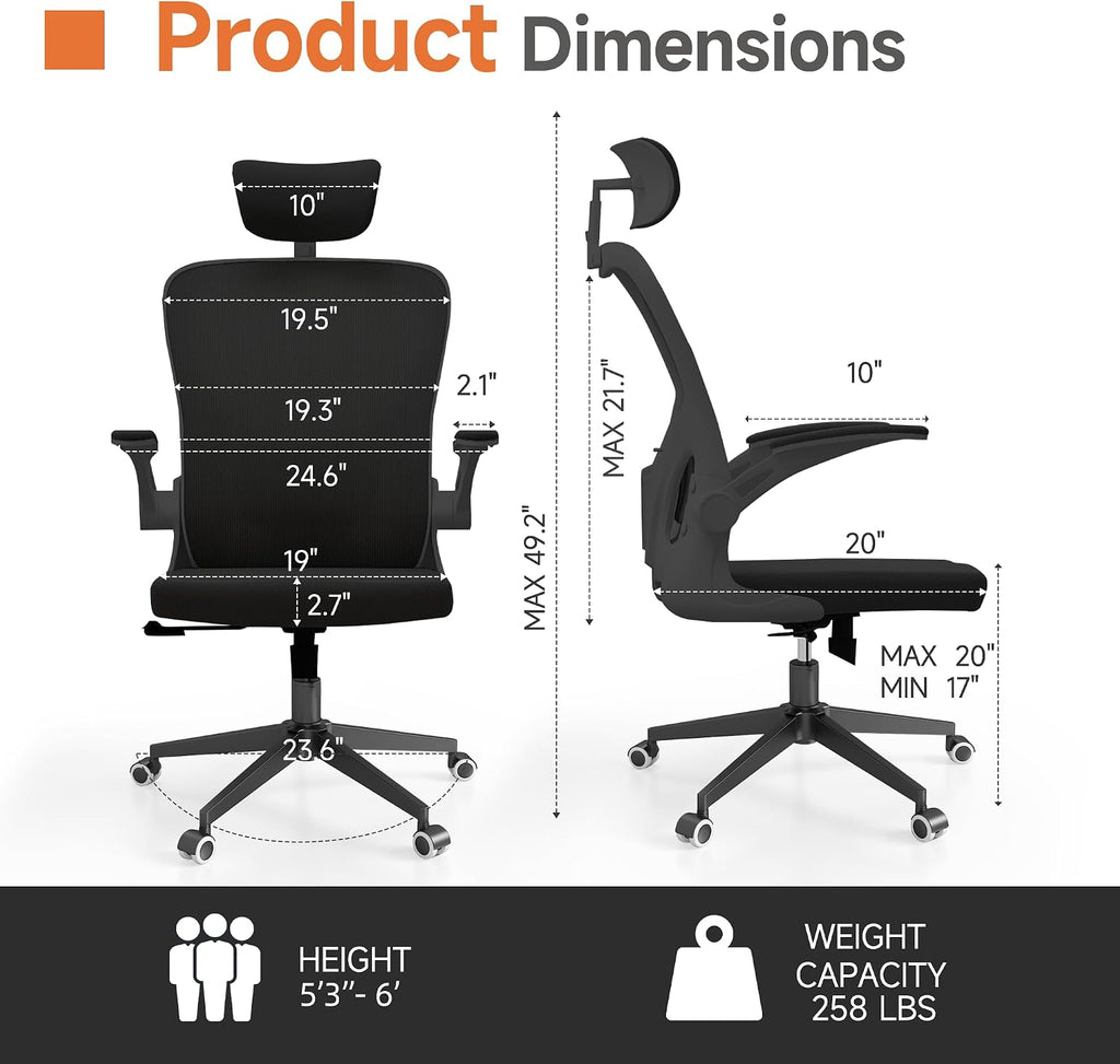 Monhey Black Office Chair, Ergonomic Office Chair, Home Office Desk Chair for Big and Tall People, Computer Chair with Adjustable Headrest, Lumbar Support, Flip-Up Arms, PU Wheels