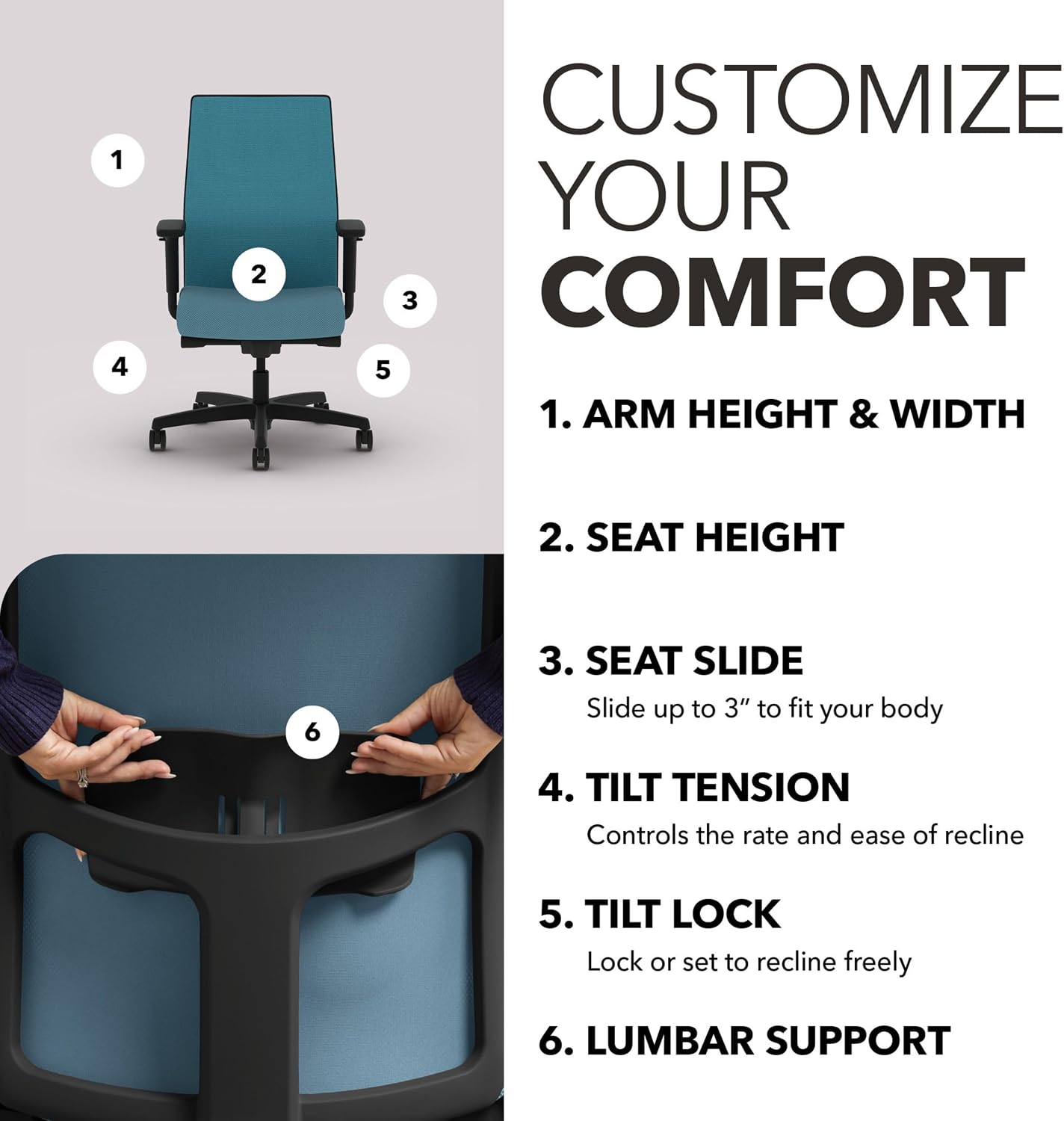 HON Ignition 2.0 Mid‑Back Ergonomic Office Chair, Mesh Task Seating with Lumbar Support, Advanced Synchro‑Tilt, Height and Width Adjustable Arms, Black Frame, Sky