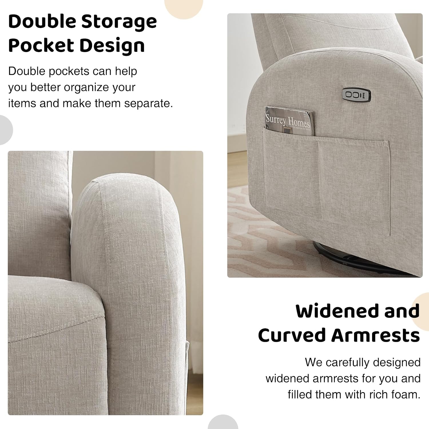 Nursery Glider Recliner, Power Swivel Rocking Recliner with USB & Type-C Port, Swivel Nursering Reclining Rocker with Double Pockets for Living Room, Camel Chenille