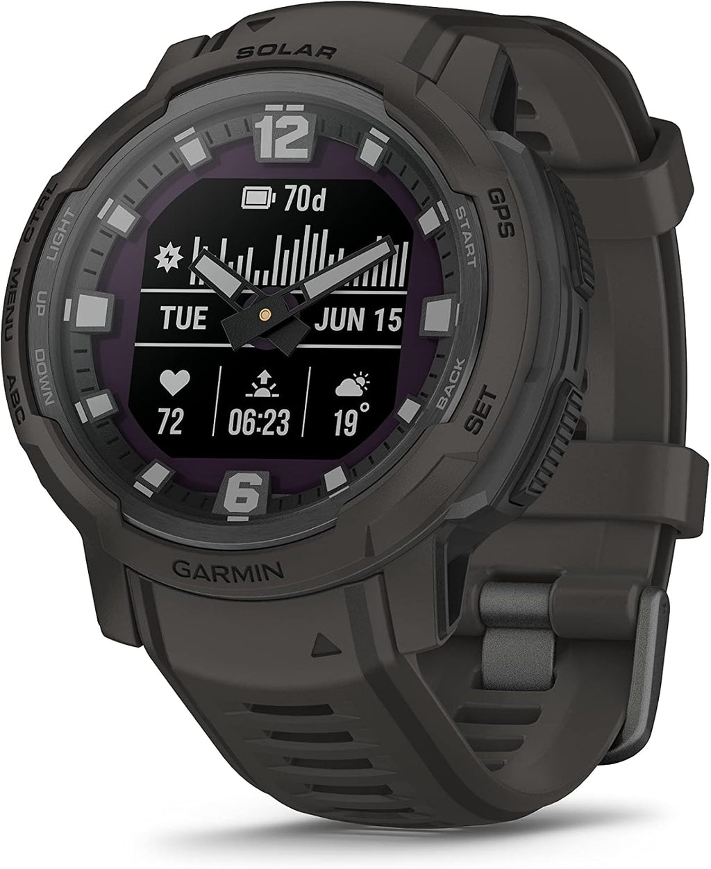 Garmin Instinct Crossover Solar, Rugged Hybrid Multisport GPS Smartwatch, Graphite | Heart Rate Monitor, Analog Hands, Digital Display, Up to 28 Day Battery Life with Signature Series Charging Bundle