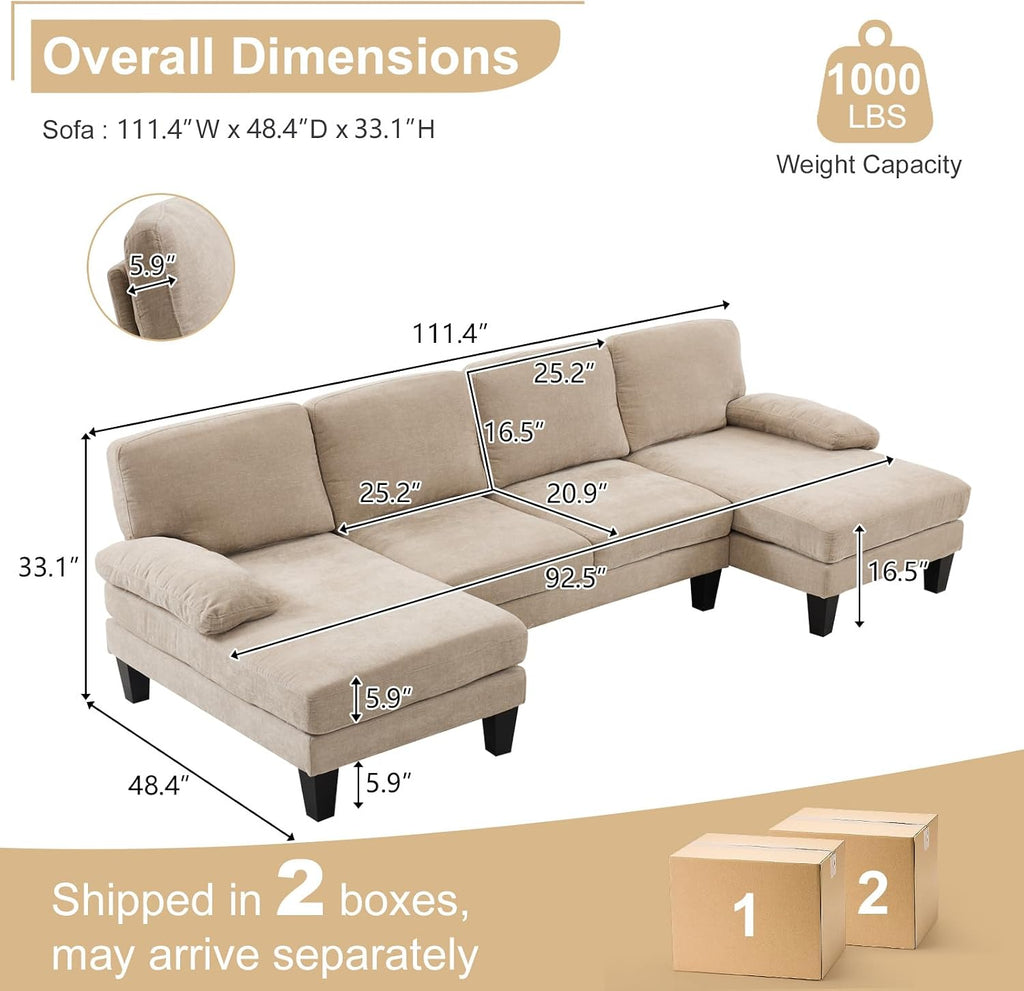 Karl home 111' Sectional Sofa U-Shaped 4-Seat Couch with Chaises Wood Grian Legs Chenille Fabric Upholstered for Living Room, Apartment, Office, Khaki
