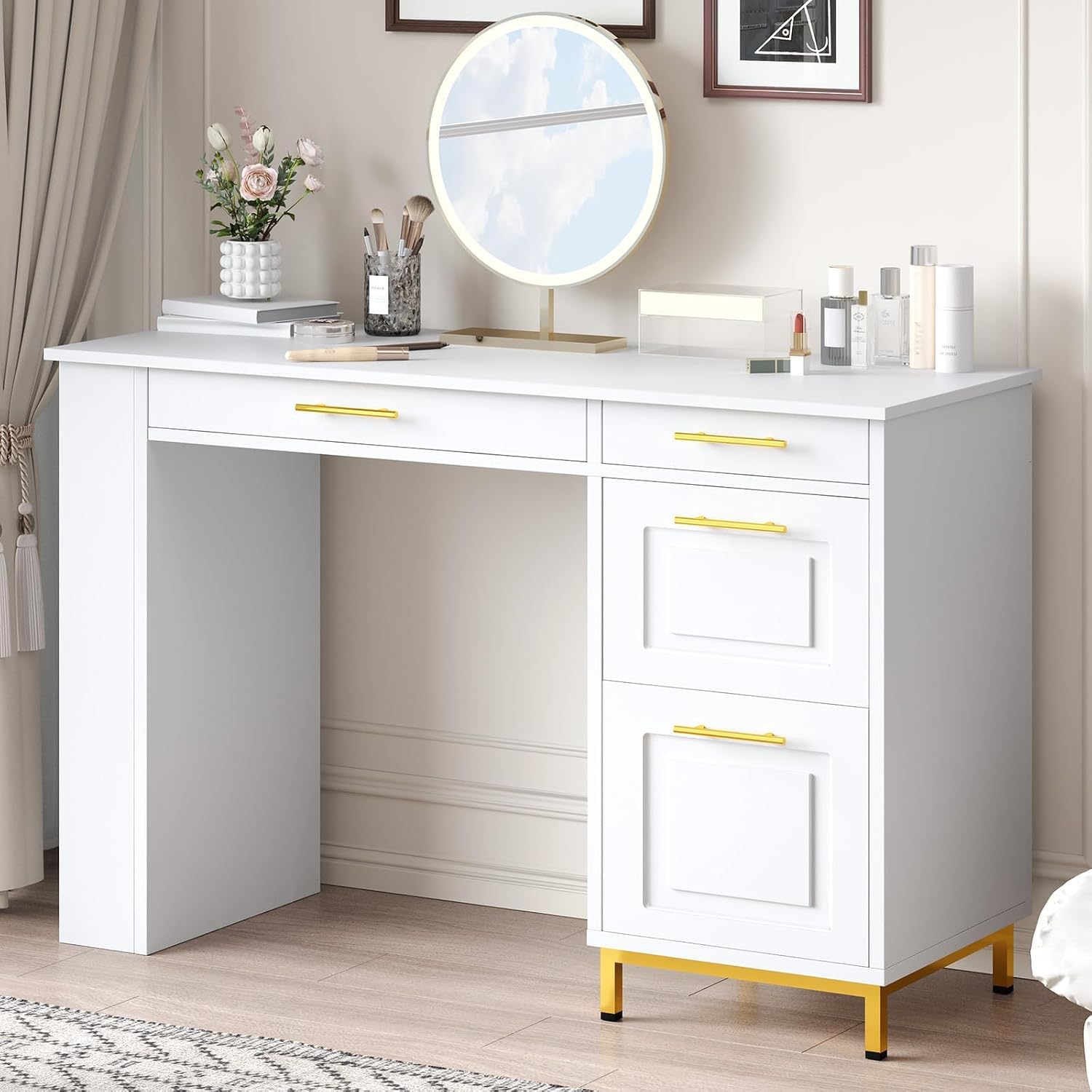 4 EVER WINNER White Desk with Drawers, 48 Inch Small Desks with Power Outlet and Side Shelf, Wood Computer Desk with Storage for Small Spaces, Study, Bedroom, White and Gold