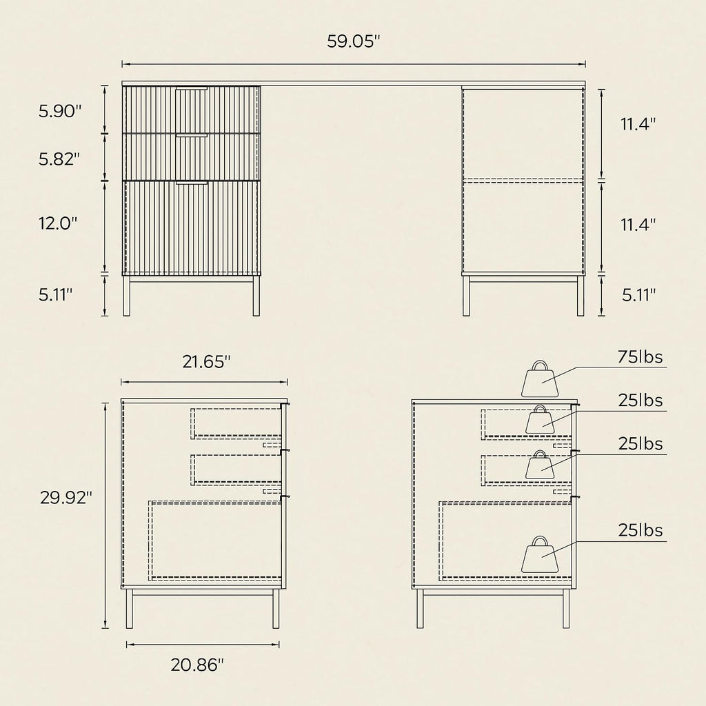 60' L Shaped Fluted Desk, Computer Desk with Movable Storage Cabinet Home Office Desk with 3 Drawers Metal Legs Corner Desk for Gaming Study, Natural Oak