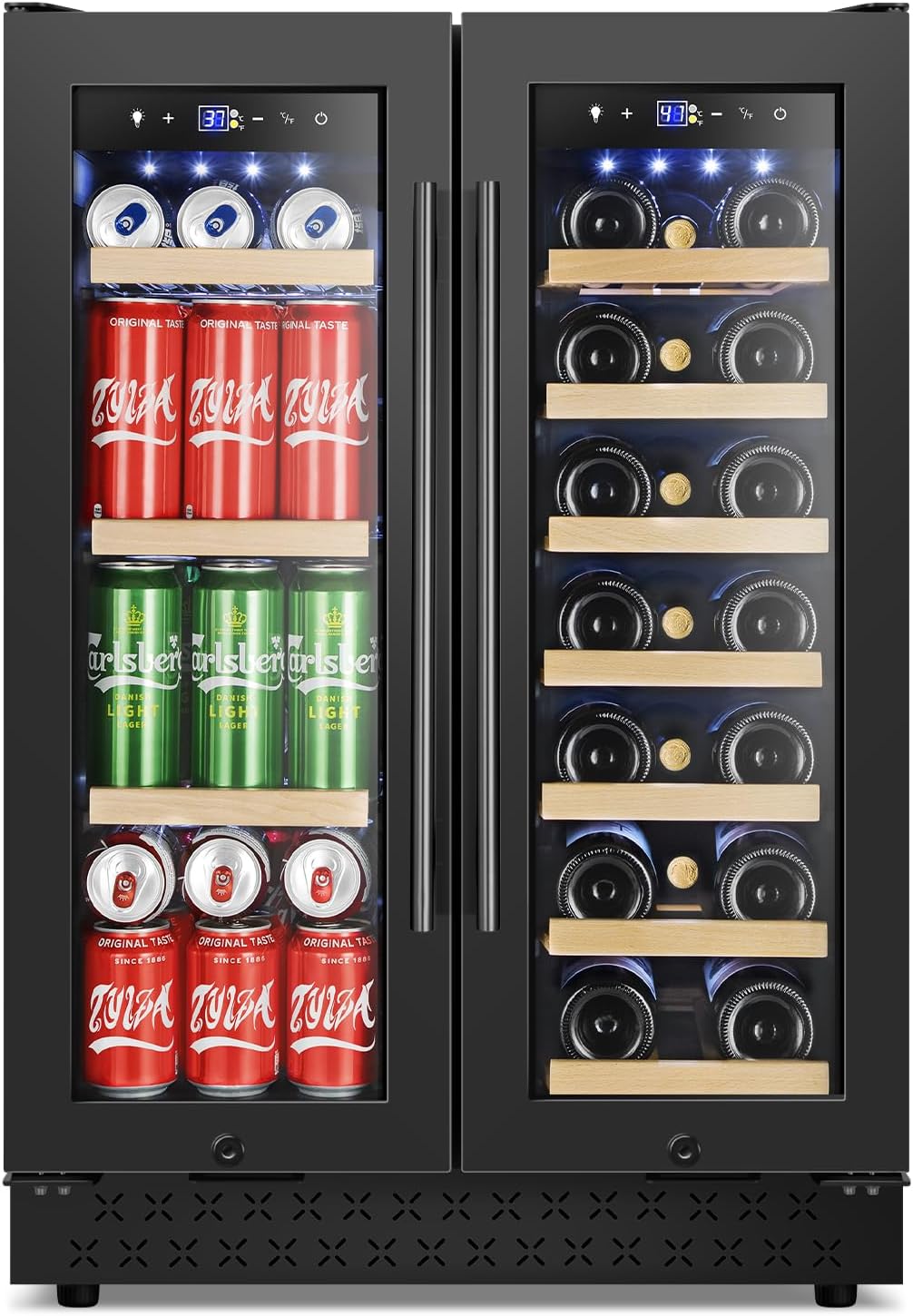 Tylza 24 Inch Wine and Beverage Refrigerator, Dual Zone Wine Beverage Cooler 24' with French Door, Under Counter Wine Beer Fridge Built-In or Freestanding, Holds 20 Bottles and 88 Cans, Black
