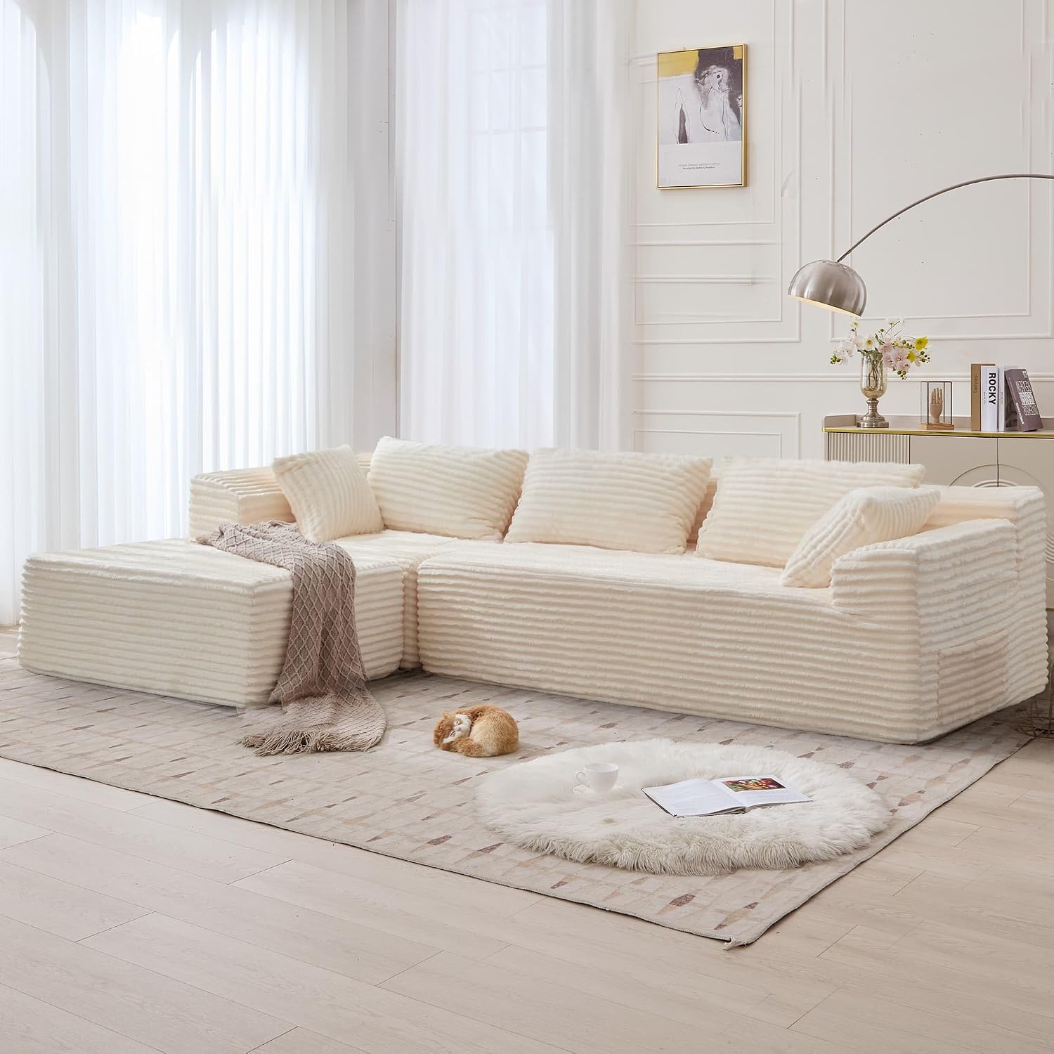Korser 110' L-Shaped Modular Sectional Sofa with Chaise, Boneless Comfy Corduroy Fluffy Couch with Deep Seat and Side Pockets, Flexible Module Combination for Living Room, No Assembly, Side Pockets