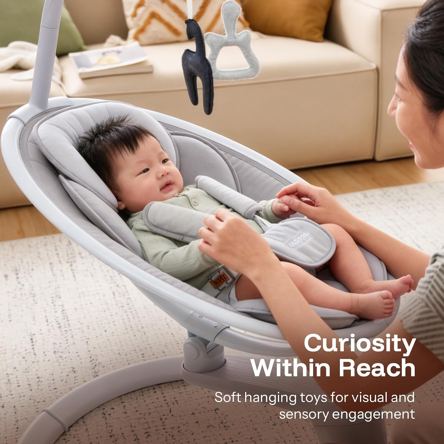HARPPA Weddell Plus Electric Baby Swings for Infants and Newborns, Eye-Level Baby Swing 5 Speeds and Remote Control 10 Built-in Melodies, 2 Seat Positions & 180° Rotation for Indoor Use, Light Gray