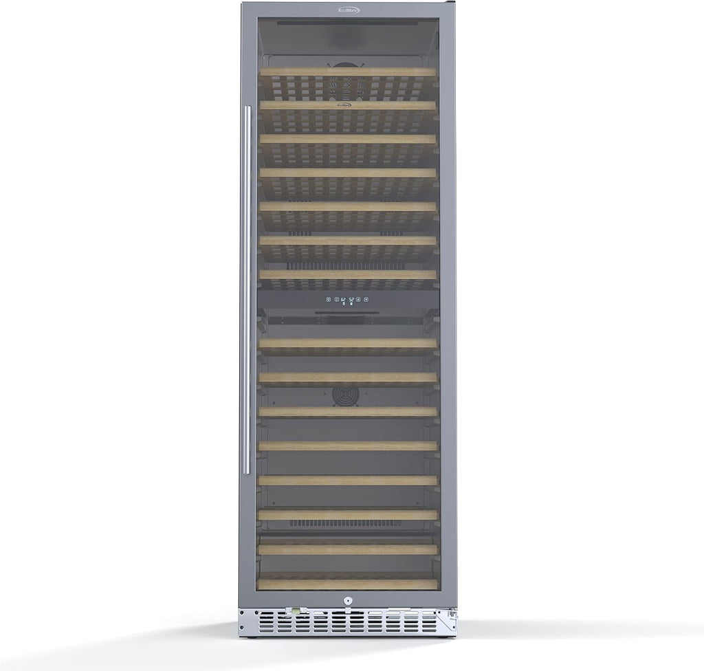 KoolMore 24' Inch 15.1 Cu.Ft. Dual Zone Wine Cooler Refrigerator, Freestanding or Built-In Unit, Stainless Steel Finish, Temperature Control, and Door Lock (KM-CW155DZ-SS), Silver, 155 Wine Bottles
