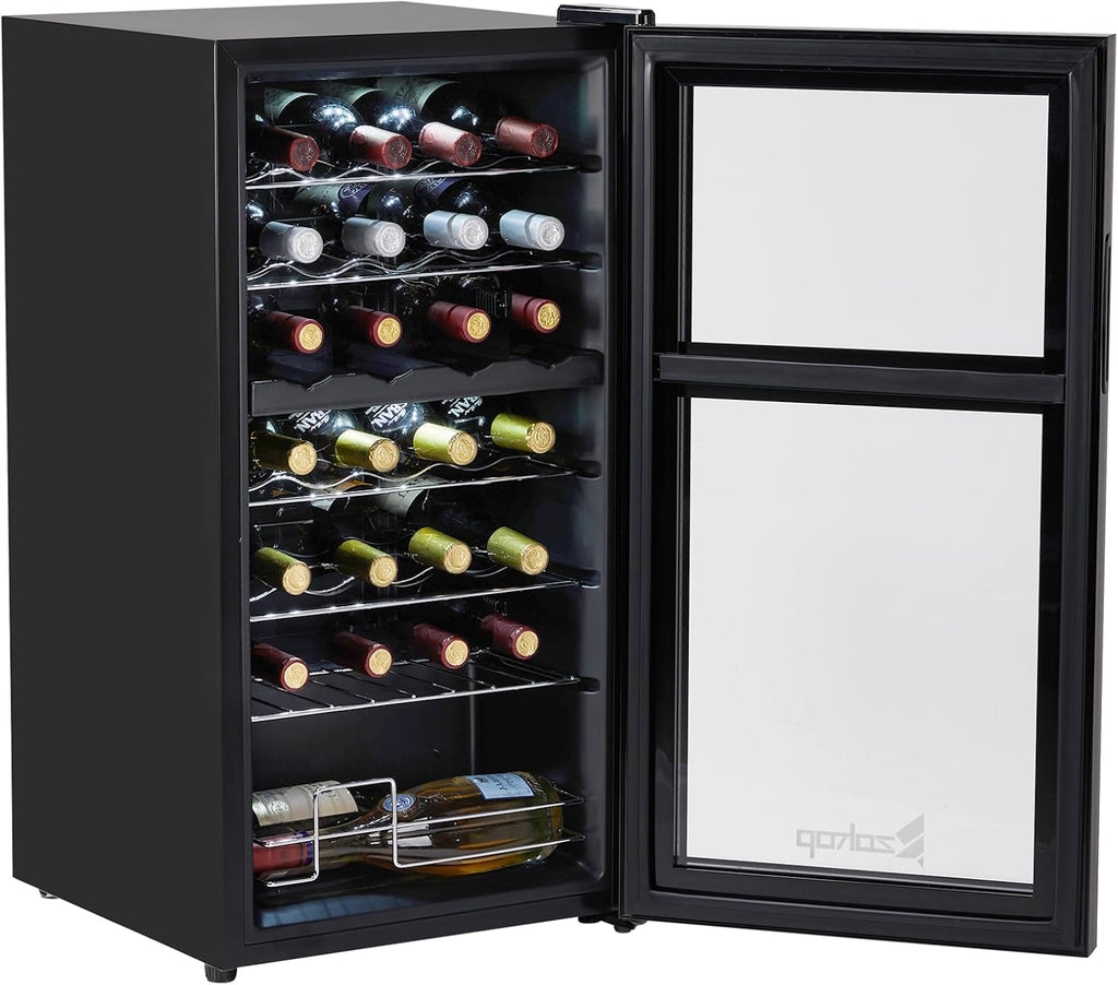 Winado 28-Bottle Dual Zone Compressor Wine Cooler, Freestanding Compact Mini Wine Fridge with Adjustable Temperature, Digital Control & Removable Shelves for Wine Storage