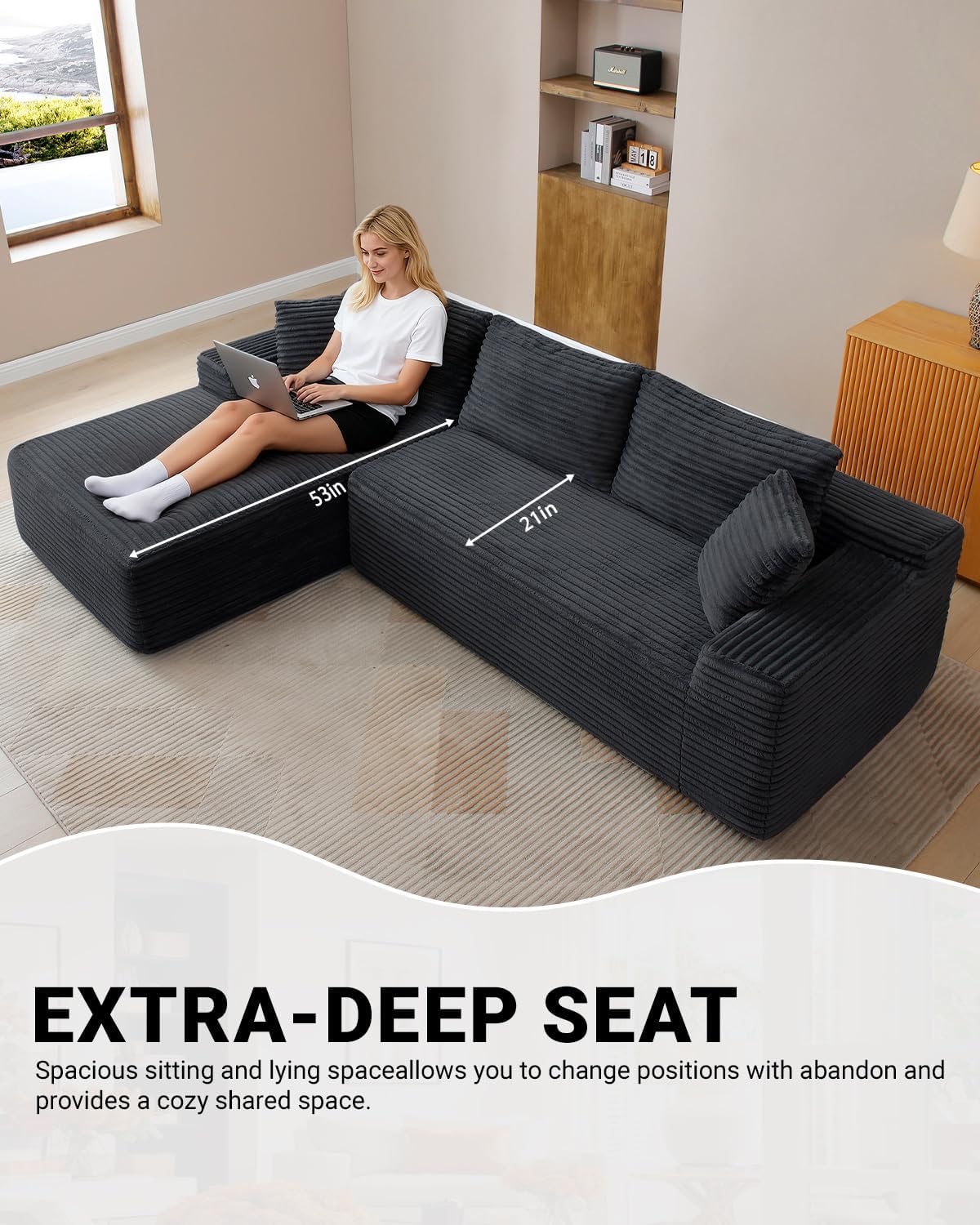 108 Inch Cloud Sectional Couch,Modern Modular Sectional Sofa with Deep Seat,Corduroy Boneless Couches with L-Shape Chaise for Living Room,No Assembly Required (Black, Left Facing Chaise)