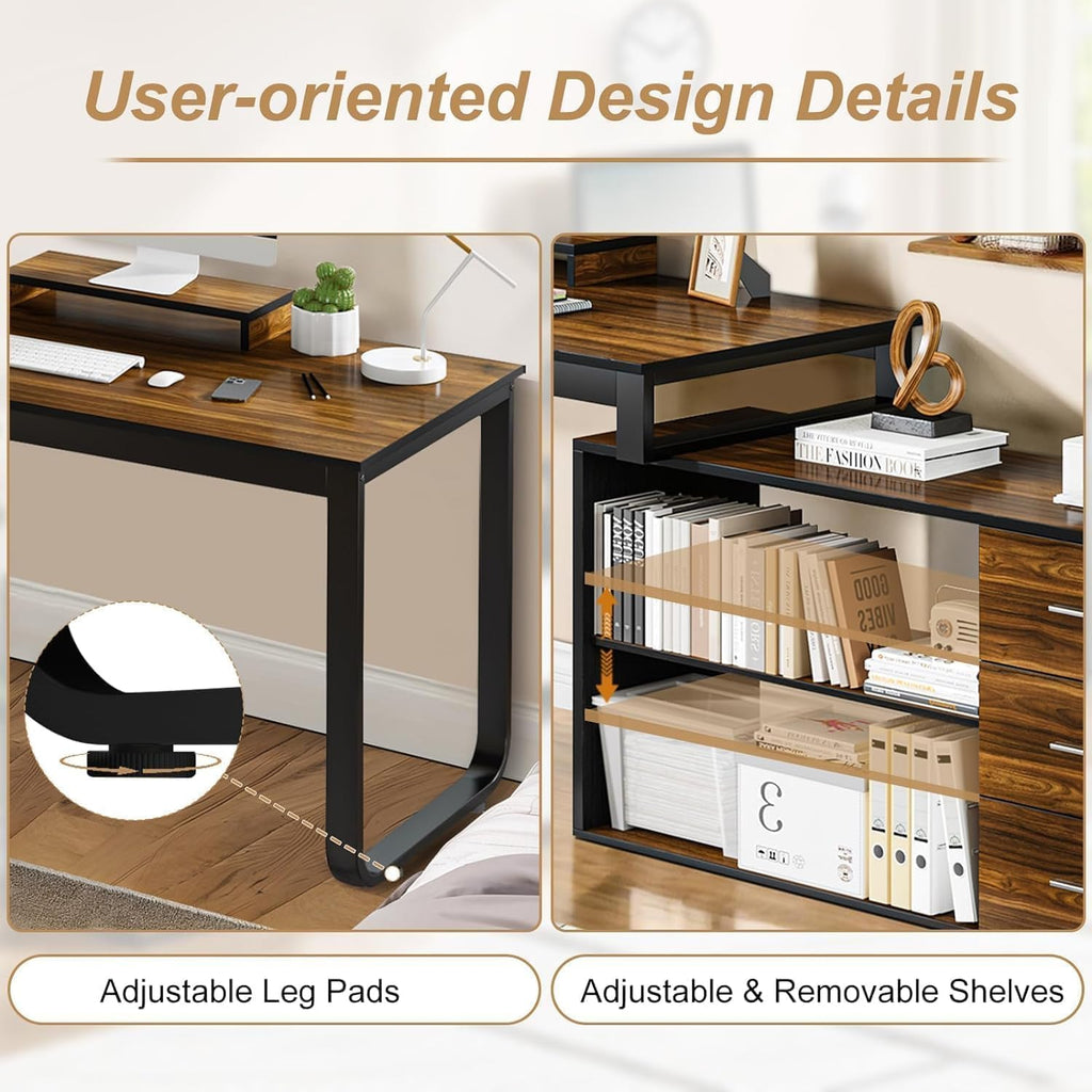 MaverickFurni 55' L Shaped Desk with Drawers and Shelves, Home Office Desk with Monitor Stand for Work Writing Study, Reversible Corner Desk with Storage, Black