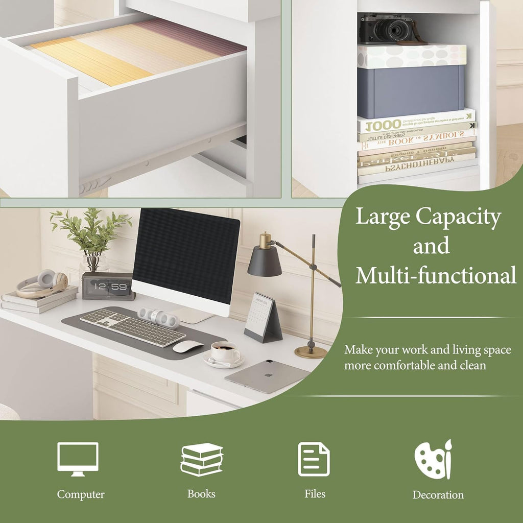 furtble White Desk with Drawers, 43 Inch Small Cute Desk for Bedroom, Home Office PC Desks Workstation Study Table Desks with Storage, White