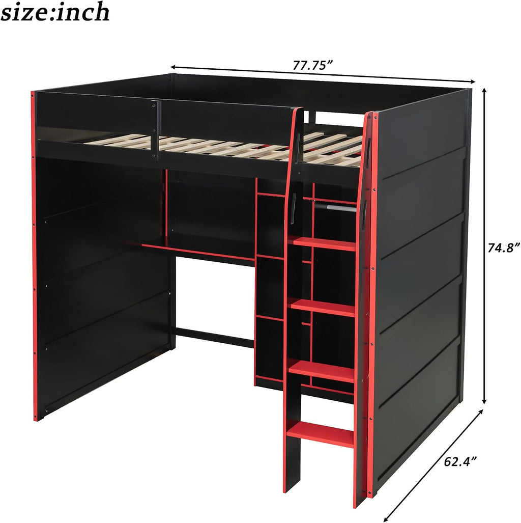 Merax Wood Loft Bed with Desk, Open Wardrobe, Storage Compartments and RGB Lights, Full Size, Red