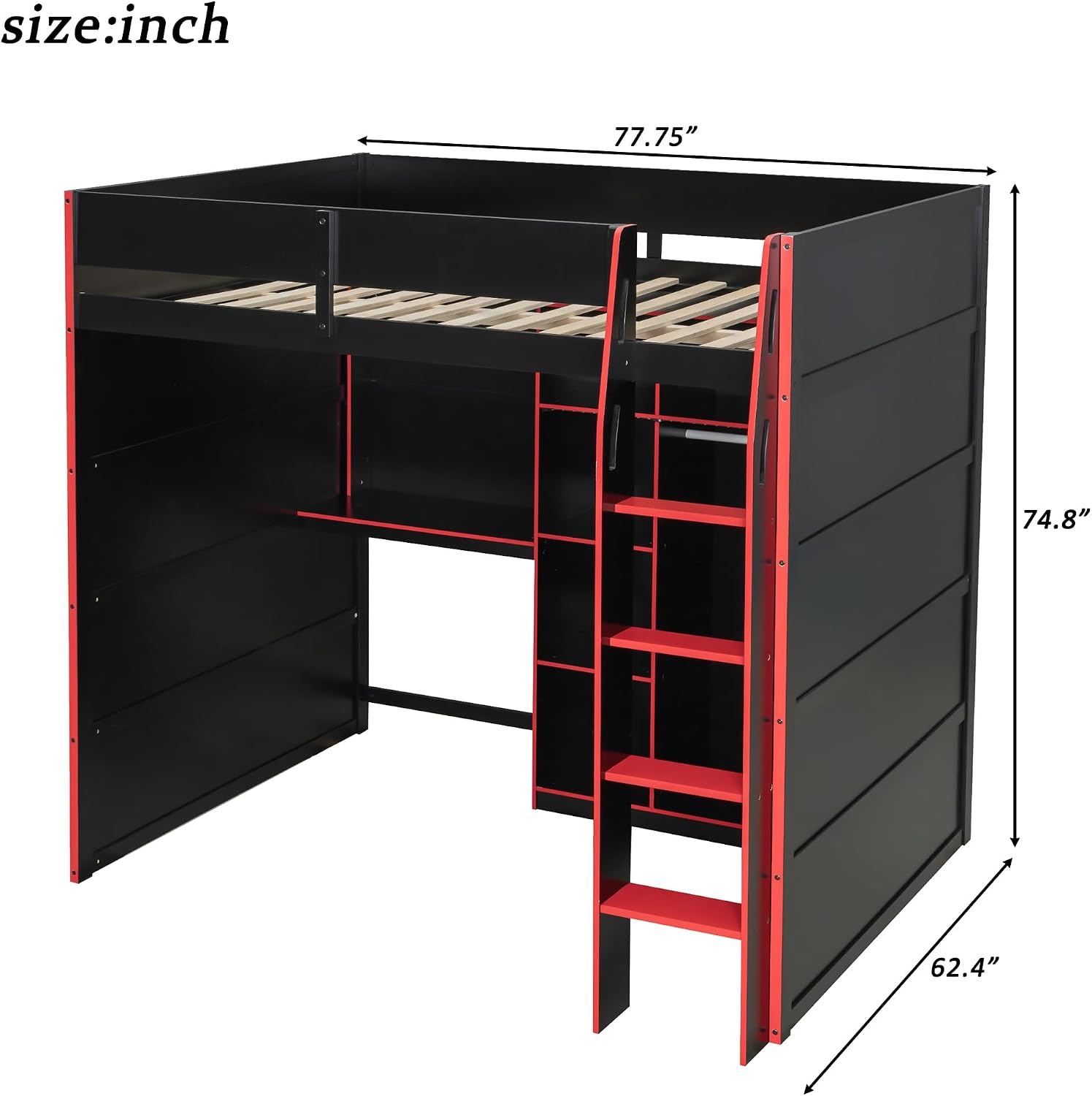 Merax Wood Loft Bed with Desk, Open Wardrobe, Storage Compartments and RGB Lights, Full Size, Red