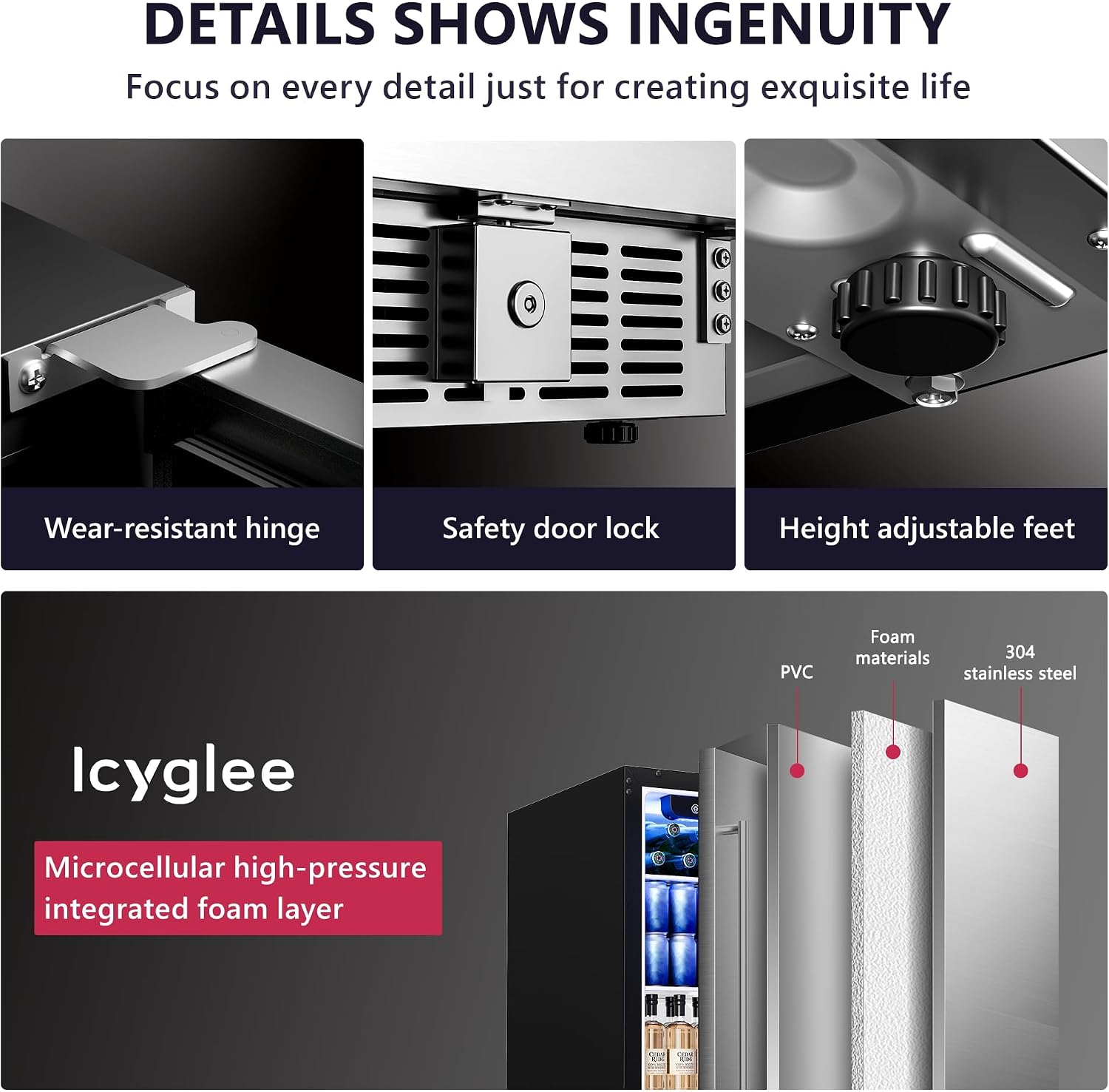 Icyglee 15 Inch Beverage Cooler Under Counter Built-in Beverage Refrigerator,127 Cans Mini Fridge with Glass Removable Shelves for Drink Beer Soda Wine Water