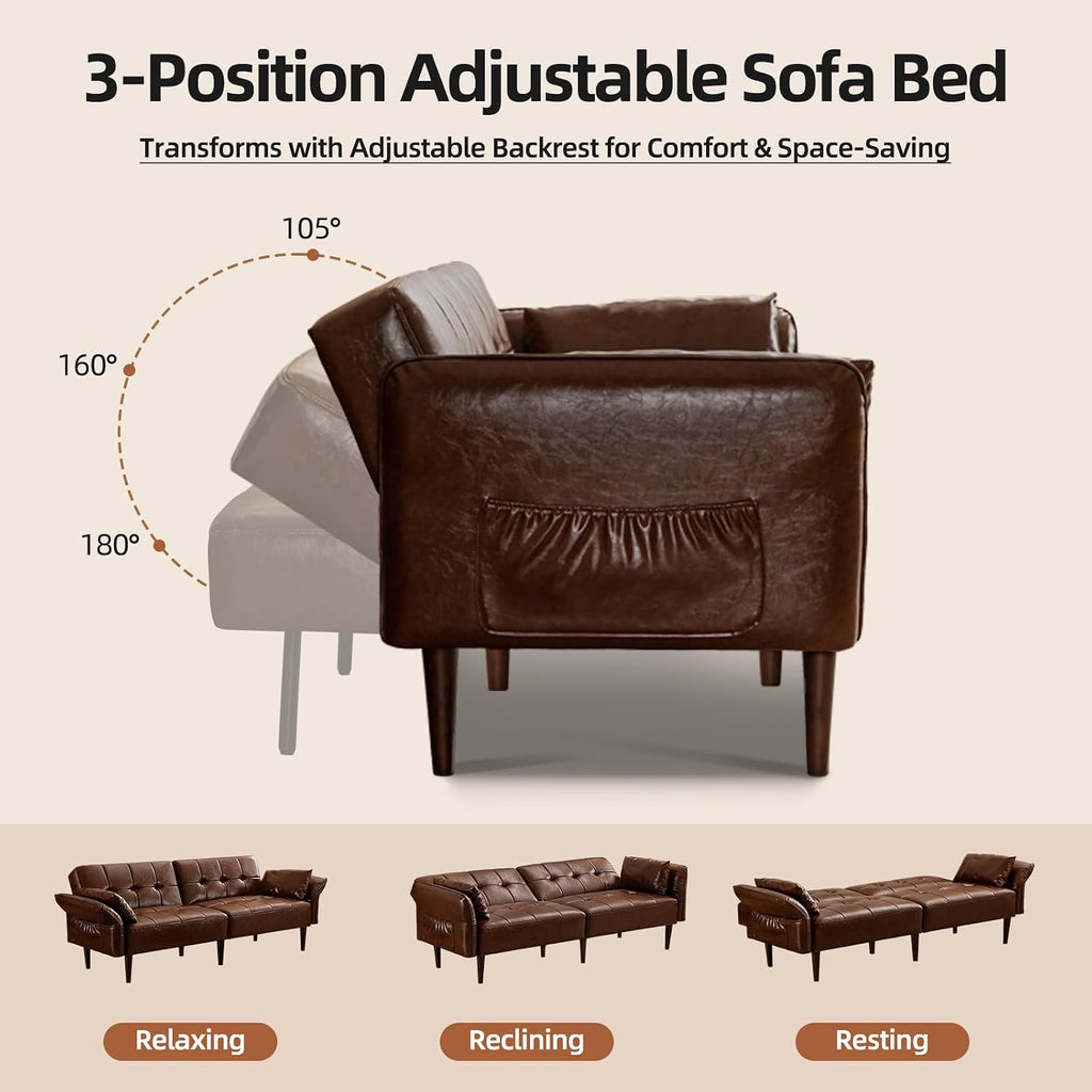 HALLYBEE Futon Sofa Bed, Sleeper Sofa, Small Couch with Storage Adjustable Armrests Pillows, Faux Leather Loveseat, Mid Century Modern Couches for Living Room, Bedroom, Apartment, Red Brown