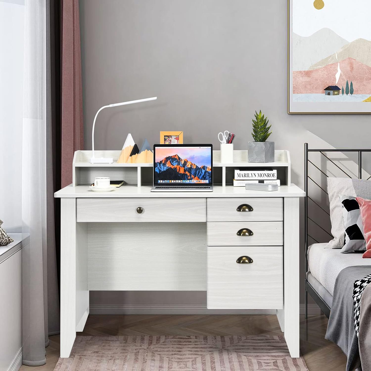 Tangkula White Desk with 4 Storage Drawers & Hutch, Home Office Computer Vintage Desk, Writing Study Table with Storage Shelves, Wooden Executive Desk (White)