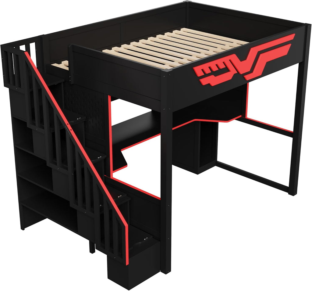 Merax Full Szie Gaming Loft Bed with Desk and Storage Staircase,LED Lights and USB, Red+Black