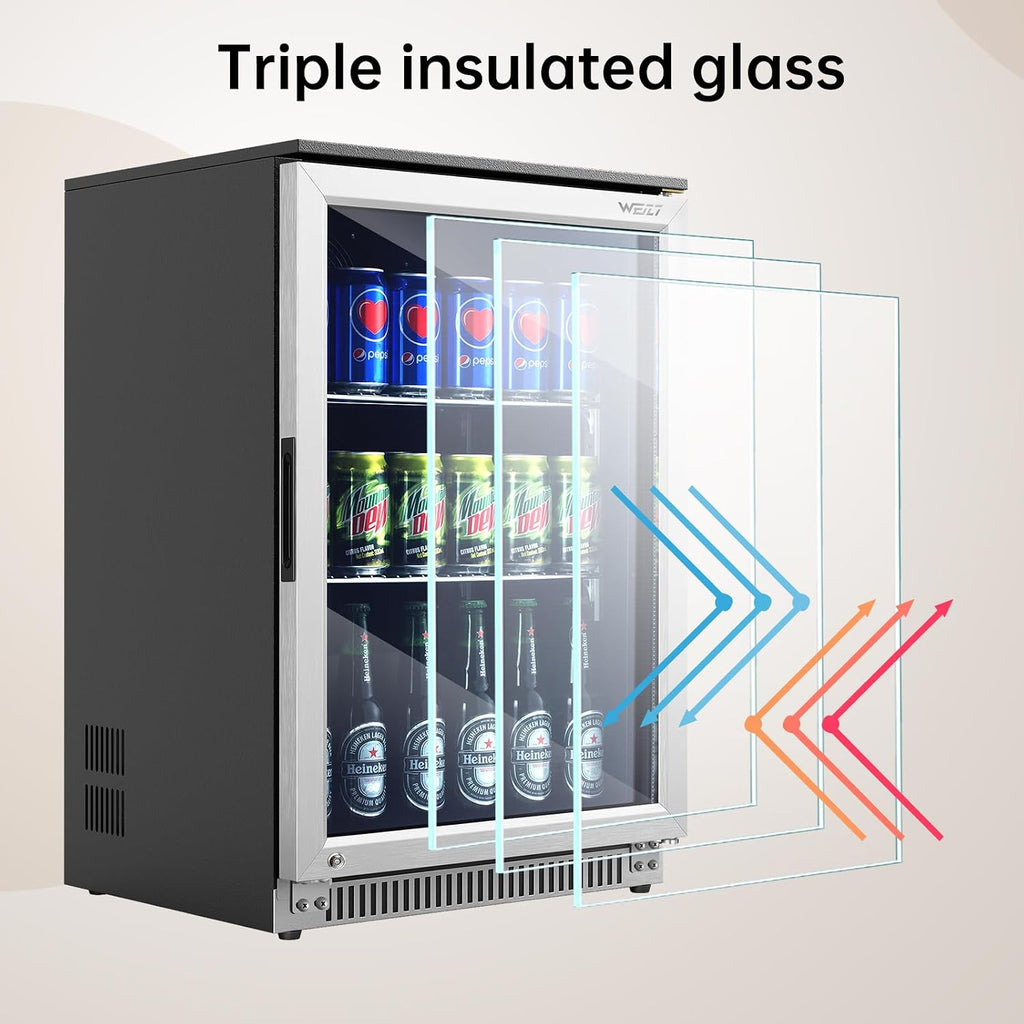 Weili 20 Inch Built in Beverage Refrigerator with Lock, Under Counter or Freestanding 120 Can Soda Beer Drink Cooler Fridge with Stainless Steel and Glass Door