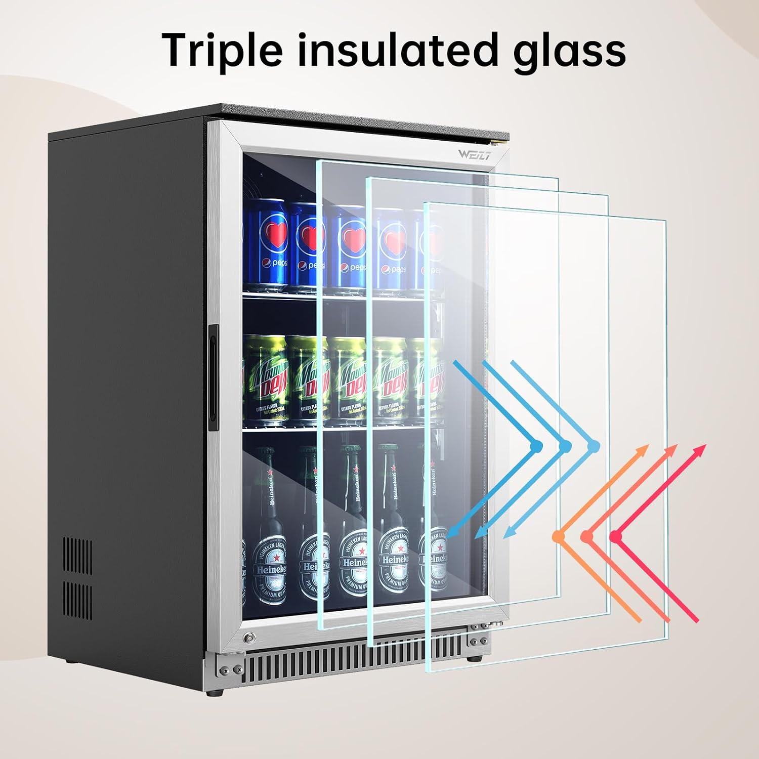 Weili 20 Inch Built in Beverage Refrigerator with Lock, Under Counter or Freestanding 120 Can Soda Beer Drink Cooler Fridge with Stainless Steel and Glass Door