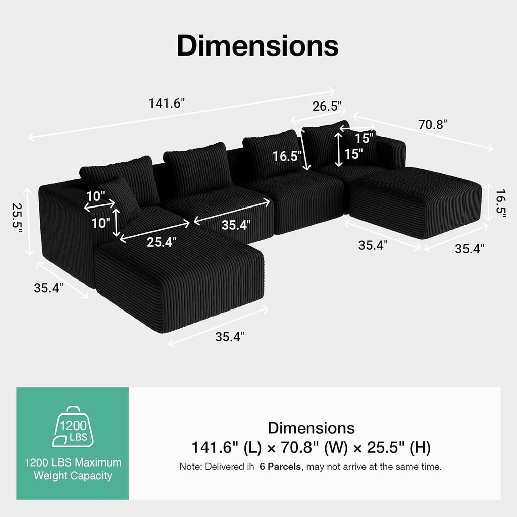 Novilla 141' Modular Sectional Sofa, Modern Cloud Sectional Couch with Smarts Coil® Support, U-Shape Boneless Couch for Living Room Apartments Bedroom, No Assembly Required (4 Seat w/ 2 Ottoman)