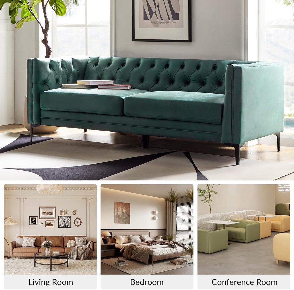 HULALA HOME 84' W Faux Leather Sofa Couch with Metal Legs, Button-Tufted 3-Seater Sofa, Mid Century Modern Contemporary Upholstered Couch for Living Room, Entertainment Area, Apartment,Green
