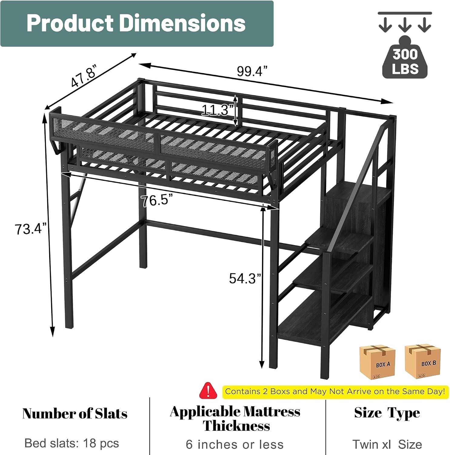 Twin XL Loft Bed with Stairs, Metal Loft Beds Frame with Storage Shelves and Wardrobe, Heavy Duty High Lofted Bed for Kids Teens,Black + Black Stair