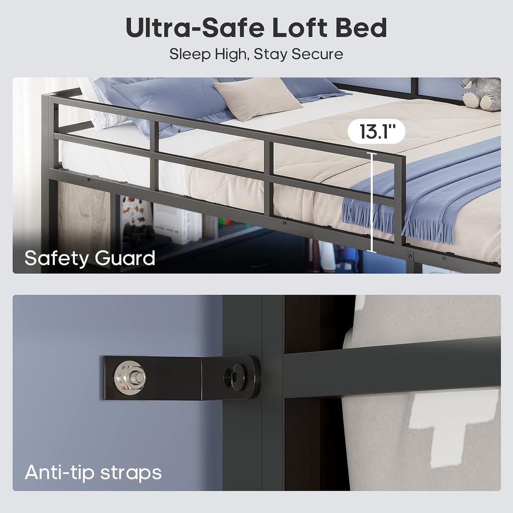 ADORNEVE Loft Bed Full Size with Desk and 8 Storage Drawers, LED Metal Loft Bed with Power Outlet, 2 Shelves & Clothing Rack, Bed with Safety Guardrail & Ladder,Space-Saving, Grey