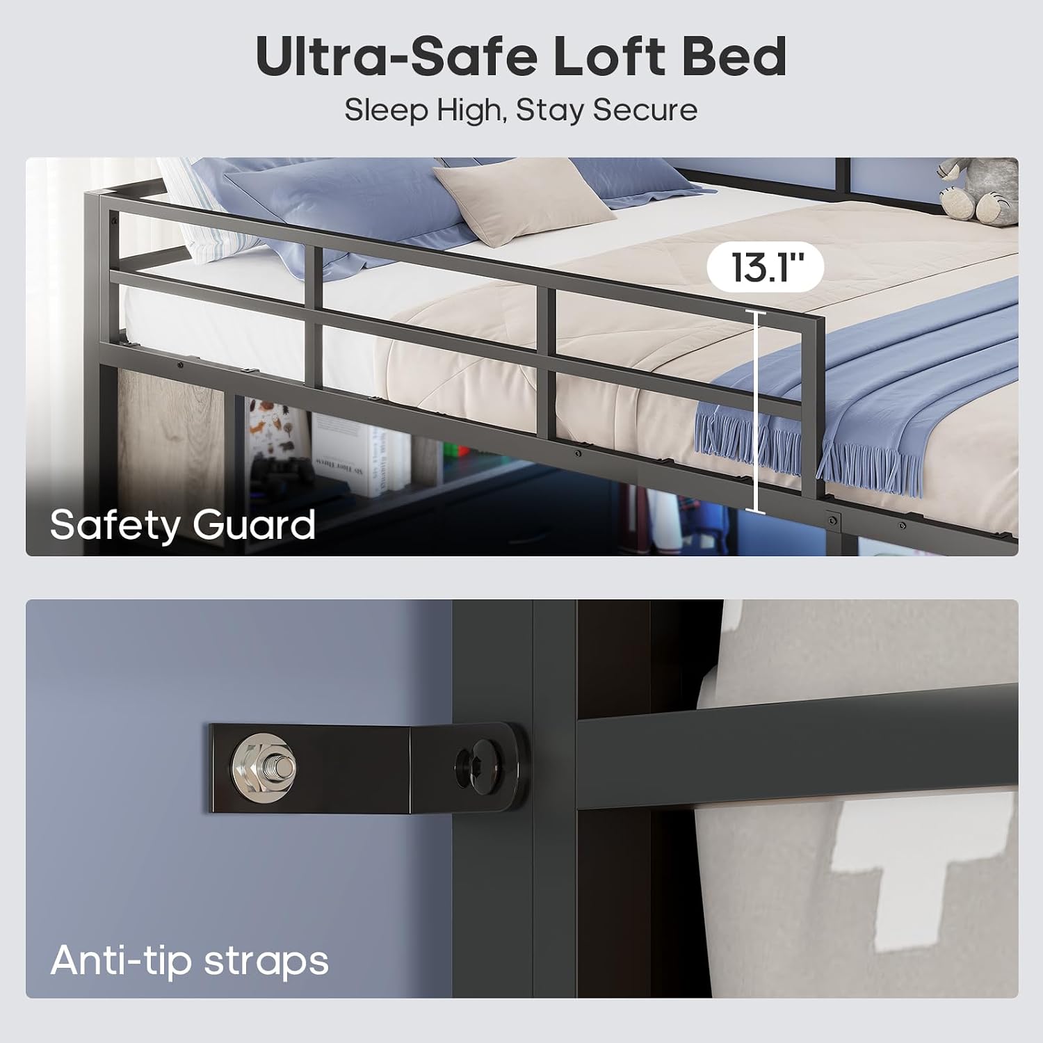 ADORNEVE Loft Bed Full Size with Desk and 8 Storage Drawers, LED Metal Loft Bed with Power Outlet, 2 Shelves & Clothing Rack, Bed with Safety Guardrail & Ladder,Space-Saving, Grey