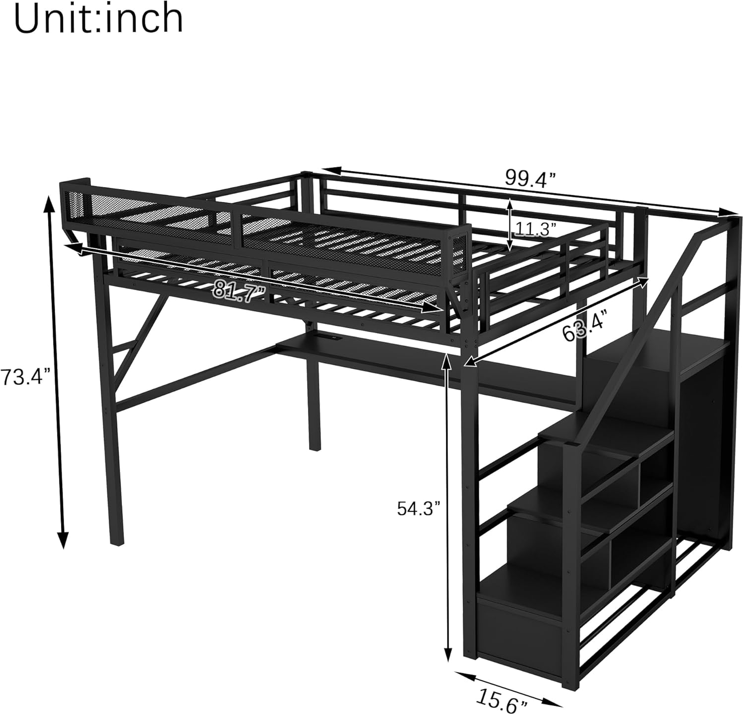Queen Loft Bed with Desk and Stairs, Metal Lofts Bed Queen Size with Upper Storage Shelf, Gaming LoftBed with LED, Charging Station and Wardrobe for Teens, Adults,Black and Black Stairs