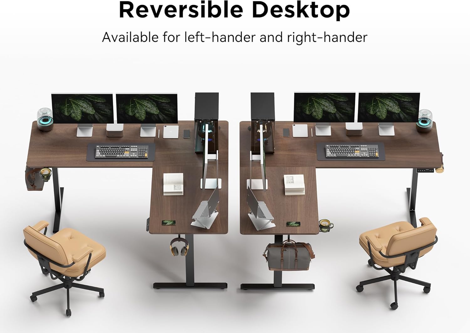 WALKINGDESK 55X45 Inches Reversible L Shaped Standing Desk Height Adjustable with Cup Holder, Electric Corner Computer Desk, Sit Stand up Home Office Desk, Ergonomic Gaming Desk, Black Walnut