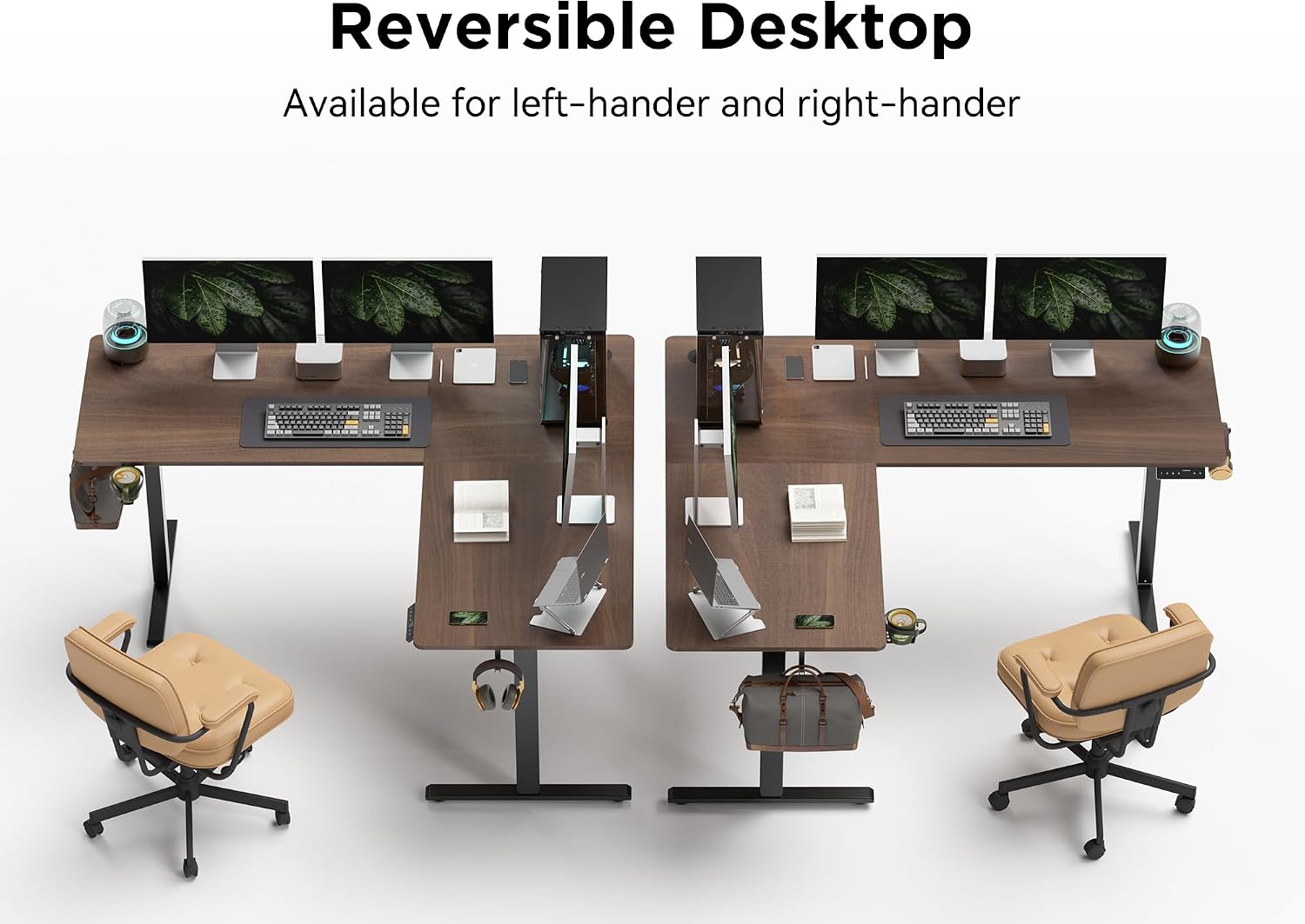 WALKINGDESK 75x61 Inches Reversible L Shaped Standing Desk Height Adjustable with Cup Holder, Electric Corner Computer Workstation for Home Office, Ergonomic Sit Stand up Gaming Desk, Black Walnut