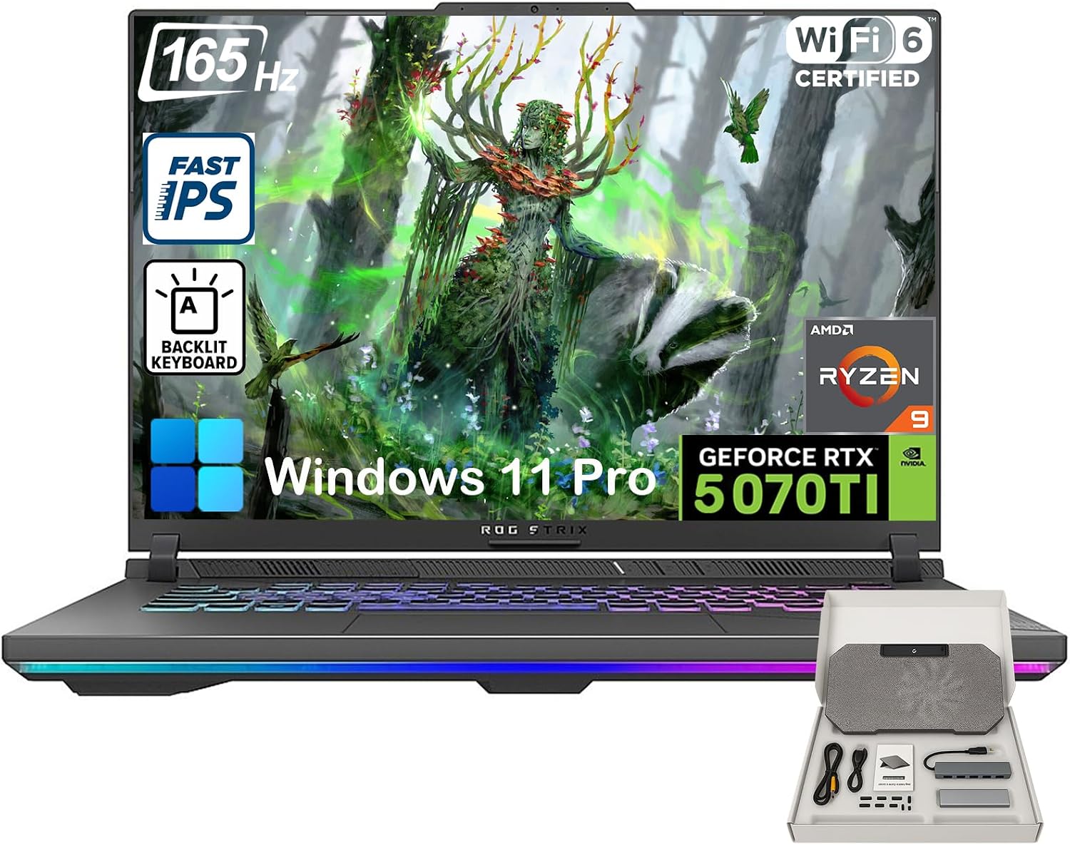 ASUS ROG Strix-G16 Gaming Laptop - 16' 165Hz 300 nits Display, AMD Ryzen 9 8940HX (Up to 5.3 GHz), NVIDIA GeForce RTX 5070 Ti, 32GB DDR5 RAM, 2TB SSD, WiFi 6E, Backlit KB, Win11 Pro, with Accessories