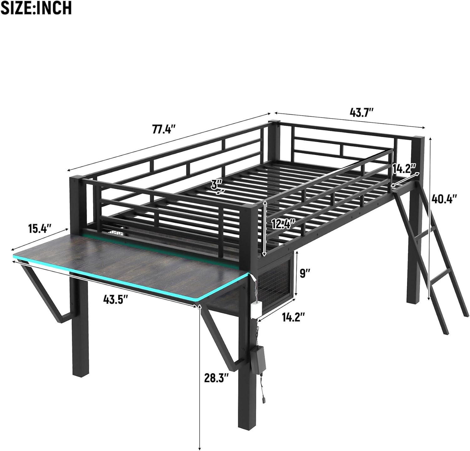 SOFTSEA Twin Size Low Loft Bed with Desk & LED Light, Metal Gaming Loft Bed with Desk and Storage Space for Kids Teens, Black